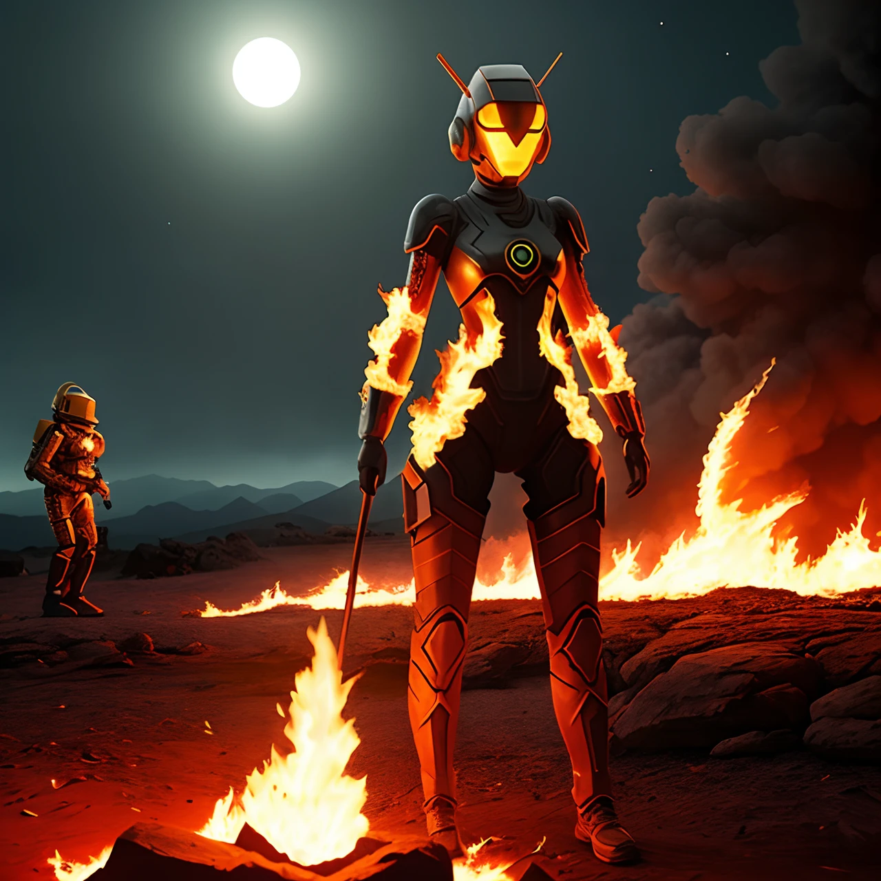 A woman made entirely of fire using flames to fight an approaching android on a rocky planet.