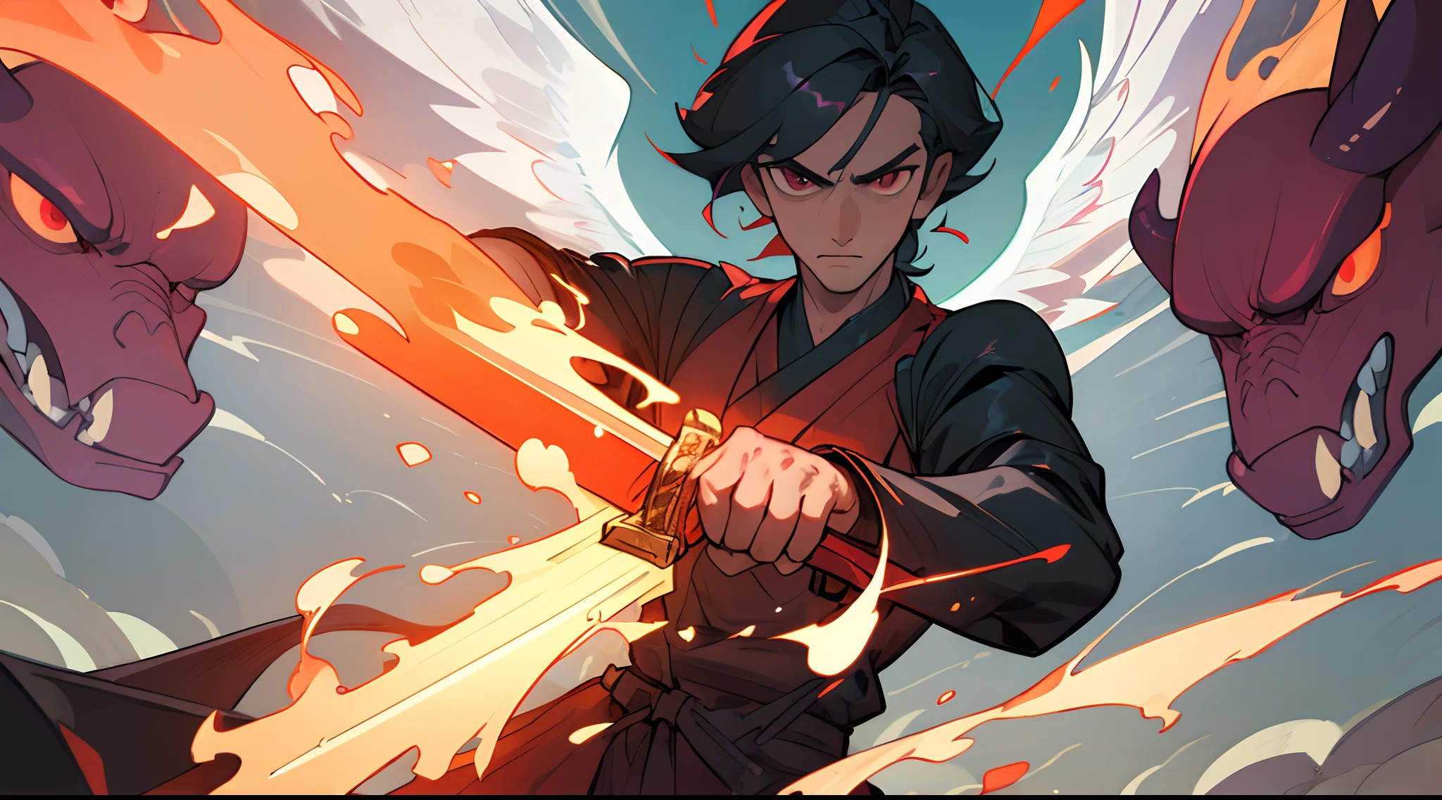 (best quality, masterpiece), handsome man, sword, fire, heavenly demon