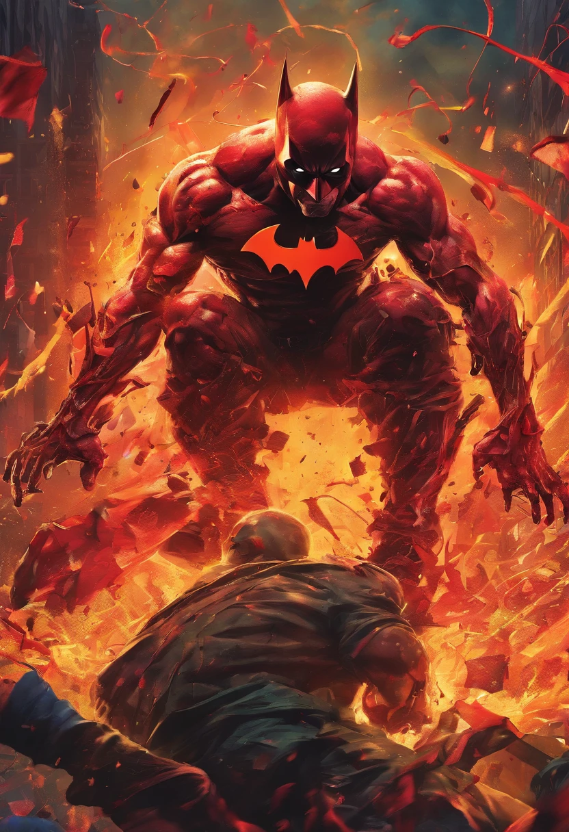 (best quality,4k,8k,highres,masterpiece:1.2),ultra-detailed,(realistic,photorealistic,photo-realistic:1.37),Batman fighting Deadpool in a bloody battle,darkened cityscape with towering buildings,fiery explosions, dynamic action poses and intense expressions,artistic comic book style, bold and vibrant colors and contrasting shadows, dramatic lighting effects,sharp focus,extreme detail description,muscular bodies,ripped costumes,twisted grins,sparks flying from the clash of weapons and fists,rippling muscles and veins, intense fight choreography,grim atmosphere with a sense of danger and suspense,gritty and raw aesthetic,high contrast shadows and highlights,torrential rain pouring down, dramatic rain-soaked environment, chaotic debris swirling around,electricity crackling in the air,crimson blood splattering the ground and walls, adrenaline-filled energy,aggressive and powerful movements,background silhouettes of innocent bystanders cowering and watching in awe,smoke and fog creating an eerie and mysterious ambience.