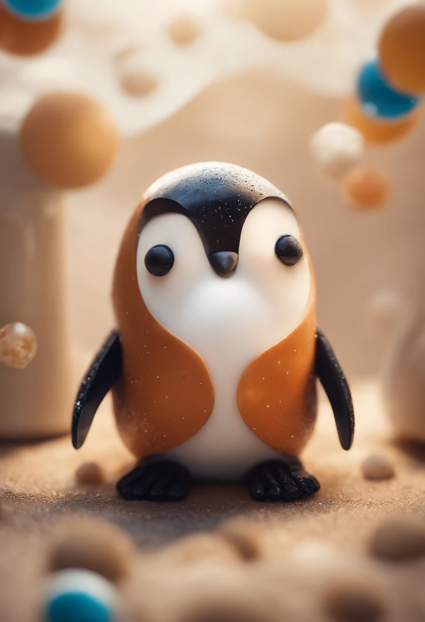 Design an image of an astronaut penguin exploring the 'dodol galaxy' with planets made of dodol,(Dodol is a sweet, sticky, and delicious treat made from ingredients like coconut milk, rice flour, and palm sugar), blending elements of space exploration and humor,