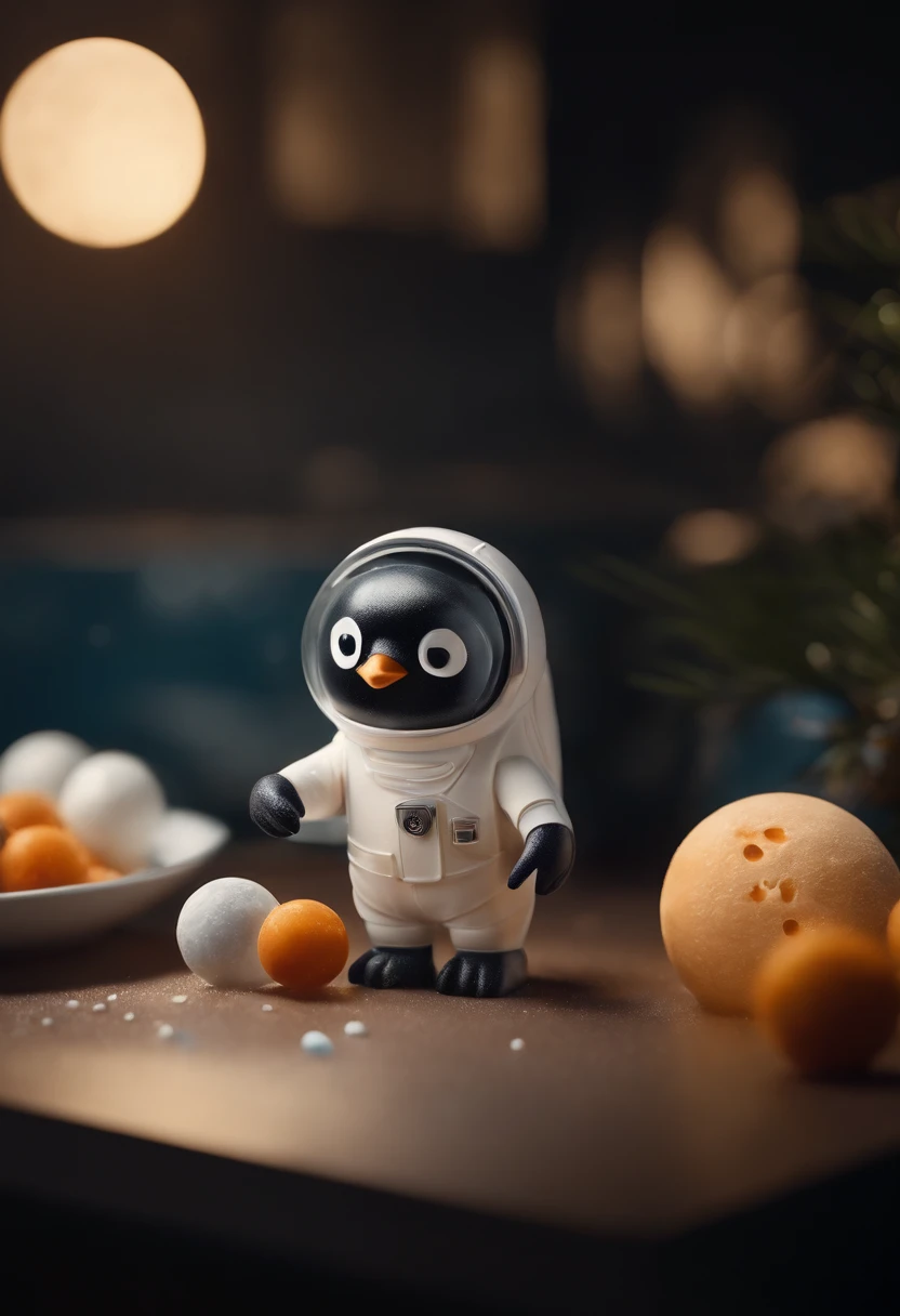Design an image of an astronaut penguin exploring the 'dodol galaxy' with planets made of dodol,(Dodol is a sweet, sticky, and delicious treat made from ingredients like coconut milk, rice flour, and palm sugar), blending elements of space exploration and humor,