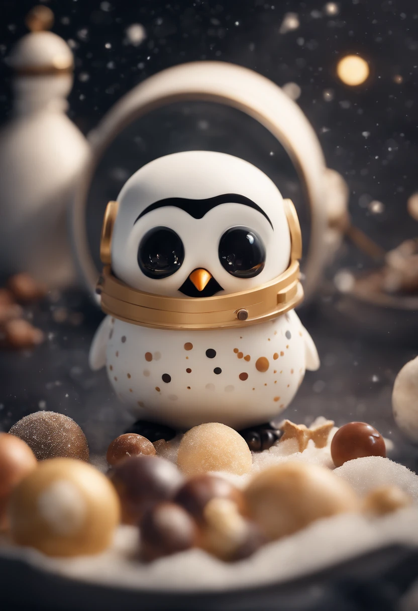 Design an image of an astronaut penguin exploring the 'dodol galaxy' with planets made of dodol,(Dodol is a sweet, sticky, and delicious treat made from ingredients like coconut milk, rice flour, and palm sugar), blending elements of space exploration and humor,