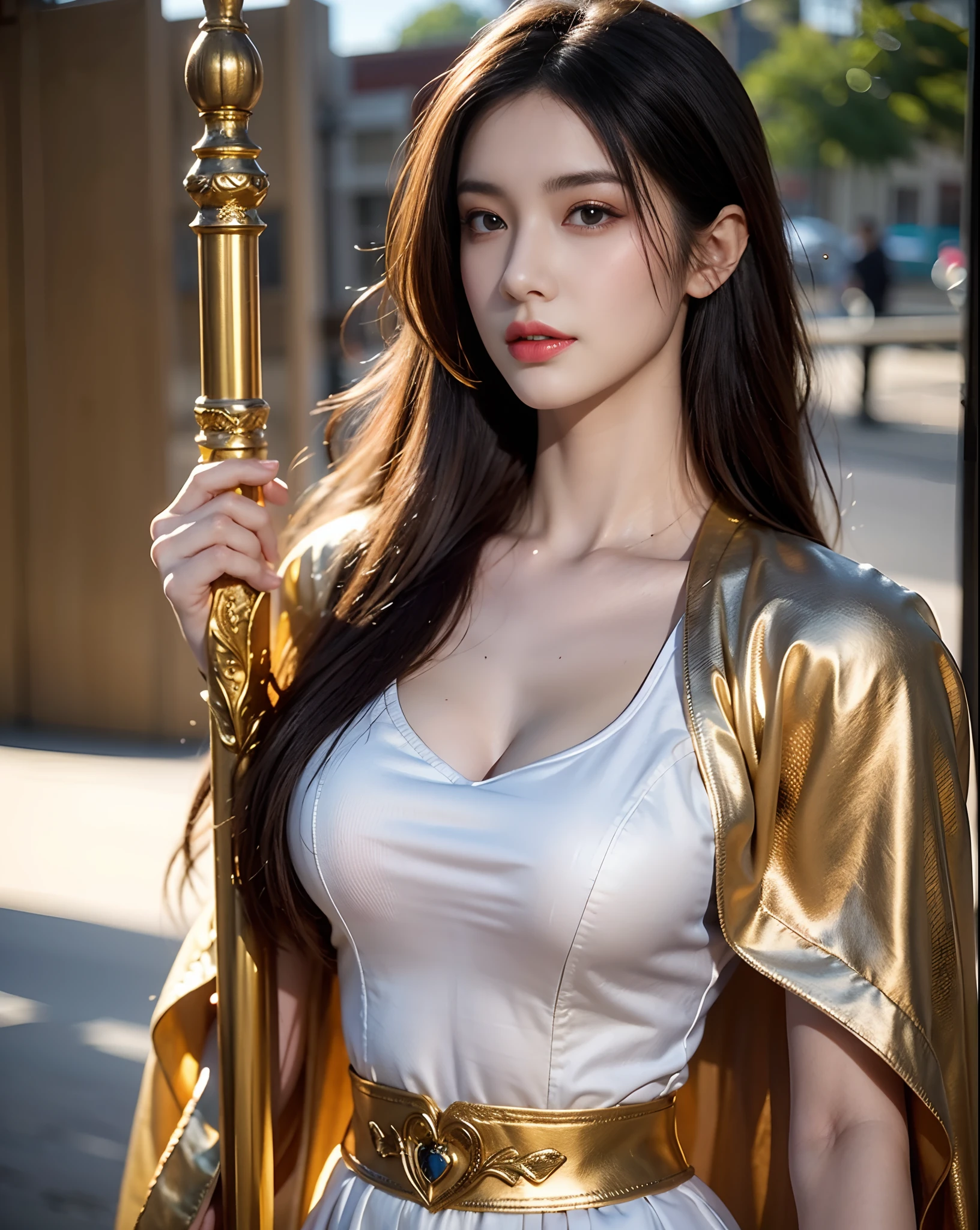 extremely beautiful young lady, subtle makeup, golden hour, photorealistic, high contrast, 8k HD, detailed, hyper-detailed, realistic skin texture, long dark hair, big breast, best quality, ultra high res, raw photo, dramatic lighting, unreal engine, diffuse glow  intricate silver eaba, white imperial cape, spear, sword, no helm