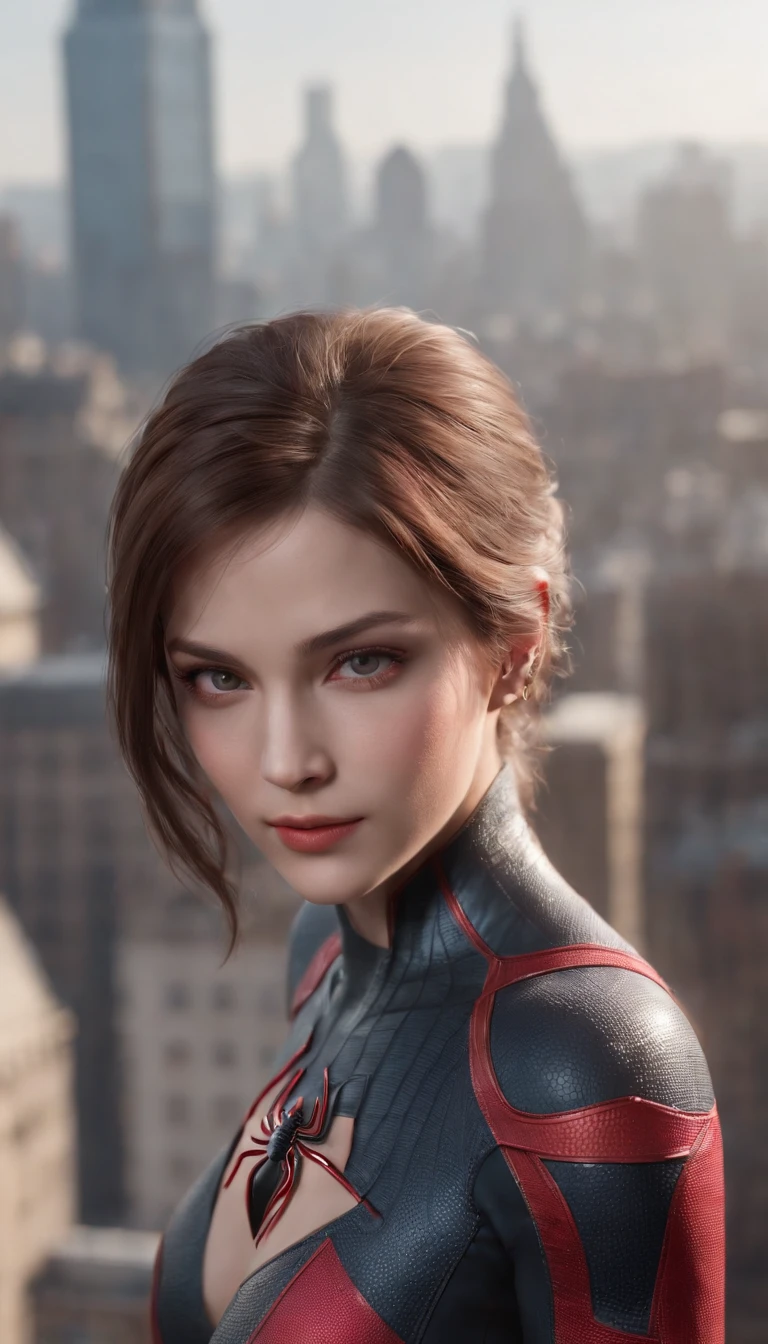 (1girl:1.3), Solo, (((Very detailed face)))), ((Very detailed eyes and face)))), Beautiful detail eyes, Body parts__, Official art, Unified 8k wallpaper, Super detailed, beautiful and beautiful, beautiful, masterpiece, best quality, original, masterpiece, super fine photo, best quality, super high resolution, realistic realism, sunlight, full body portrait, amazing beauty, dynamic pose, delicate face, vibrant eyes, (from the front), jill valentine wears Spider-Man suit, red and black color scheme, spider, very detailed city roof background, rooftop, overlooking the city, detailed face, detailed complex busy background, messy, gorgeous, milky white, highly detailed skin, realistic skin details, visible pores, clear focus, volumetric fog, 8k uhd, DSLR, high quality, film grain, fair skin, photo realism, lomography, futuristic dystopian megalopolis, translucent