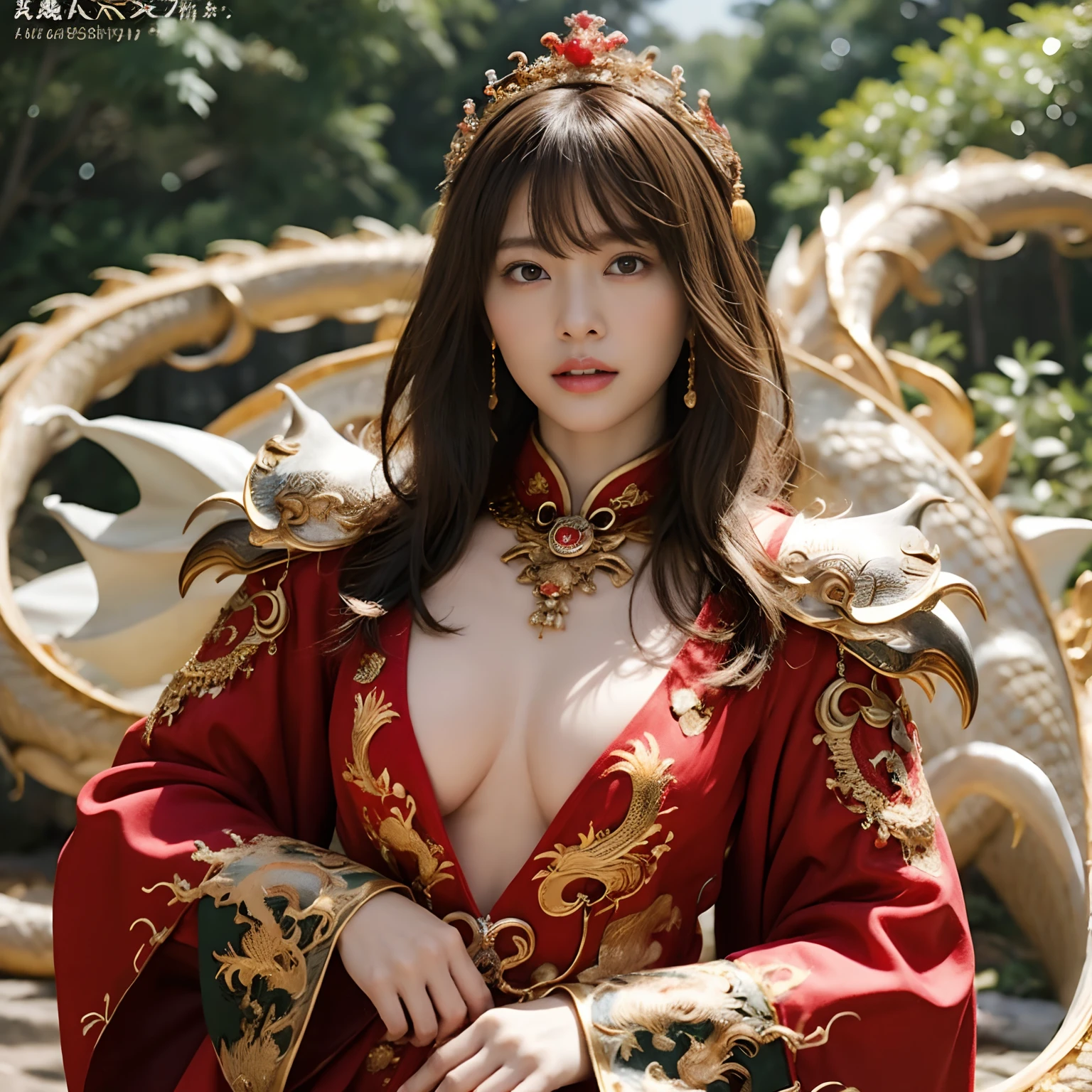 (Fight fiercely with dragons)、top-quality、​masterpiece、超A high resolution、（White Dragon Armor）、dragon armor、(Wearing a beautiful crown made of jewels),(Photorealsitic:1.4)、Raw photo、女の子1人、Golden hair、glowy skin、(((Chinese Dragon)))、（Gorgeous Jewelry Necklaces）、（Mystical expression）、（Fight big dragons）、With a beautiful knife、（White Metal Bodysuit）、(beautiful forest background)、Precipitous cliffs、(Small LED)、((super realistic details))、portlate、globalillumination、Shadow、octan render、（One-Eyed Scouter）、8K、ultrasharp、Colossal tits、Raw skin is exposed in cleavage、metals、Details of complex ornaments、Japan details、highly intricate detail、Realistic light、CGSoation Trends、Red Eyes、radiant eyes、Facing the camera、neon details、(Mechanical limbs)、(blood vessels connected to tubes)、Mechanical vertebrae attached to the back、mechanical cervical attaching to neck、(Wires and cables connecting to the head)、Gundam、Small LED、,Mechanical thighs、Toostock、（Hands are also made of machines）、（veils）、