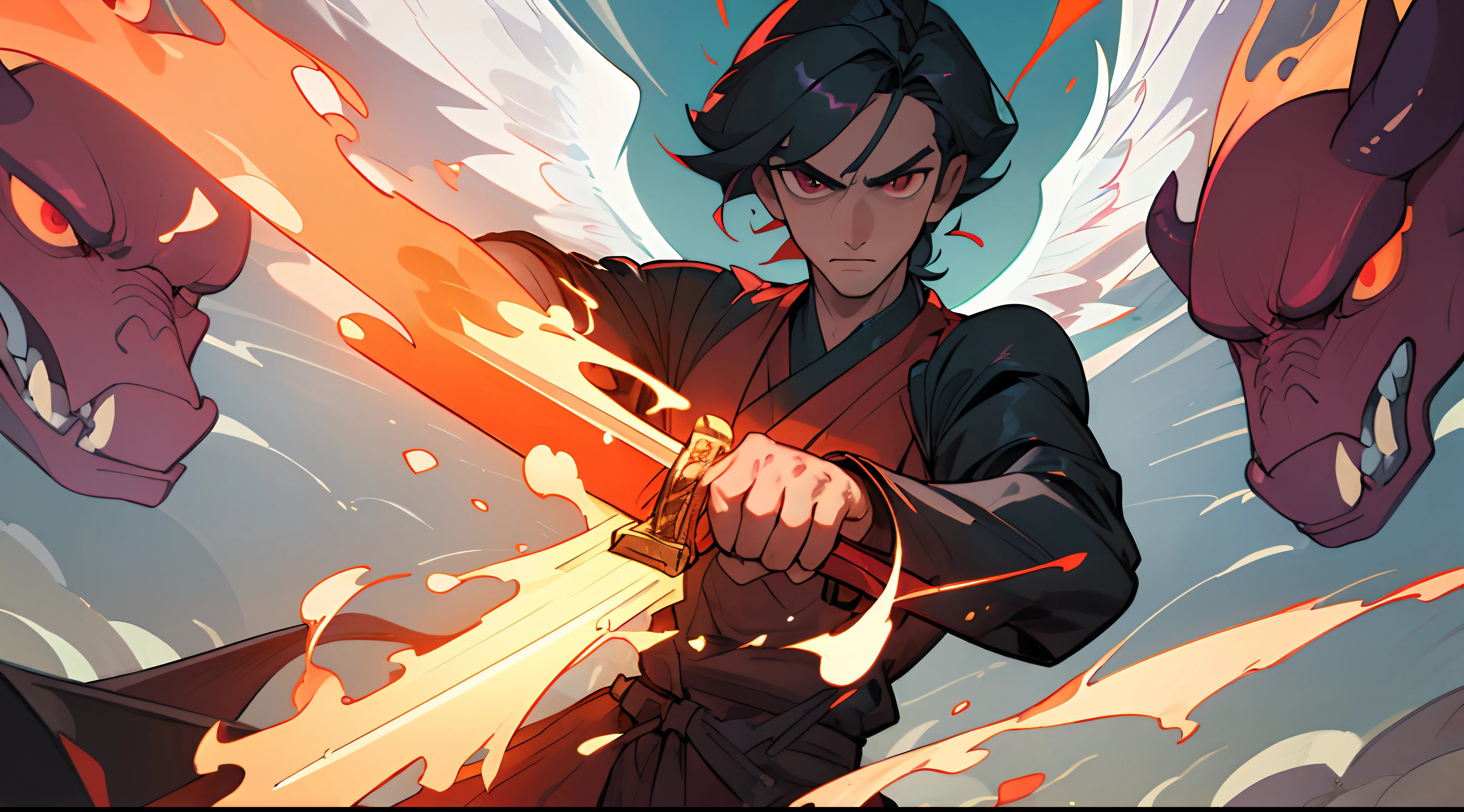(best quality, masterpiece), handsome man, sword, fire, heavenly demon