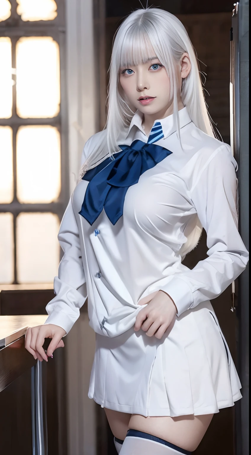 White hair:1.3, Big woman in school uniform in erotic pose、