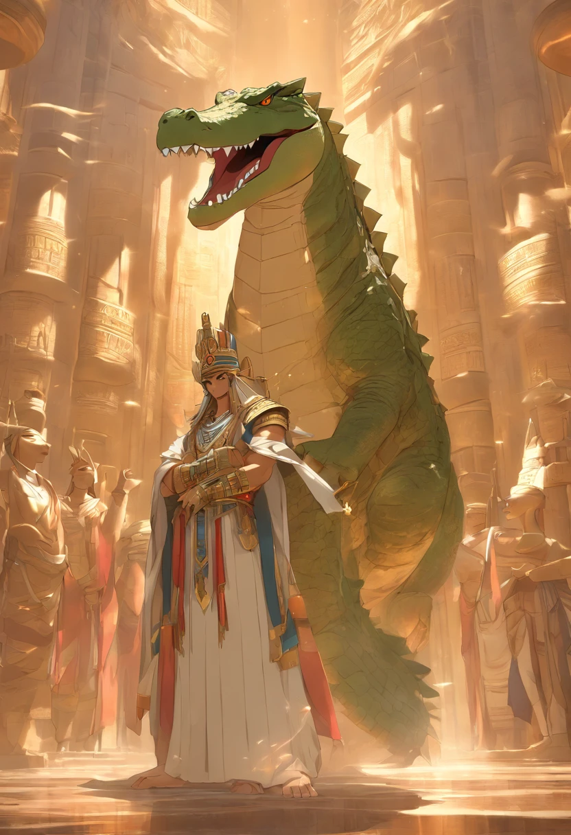 (((Man body and crocodile head))), best quality, very high resolution, 4K detailed CG, masterpiece, Egyptian mythology, SOBEK, sun in the background, Ancient Egypt, standing pose, lioness goddess, clothes white, Egyptian clothes, Egyptian Temple, desert, Ancient Egypt, ((crocodile head, man's body)), aesthetics, beautiful image, centered on screen, standing pose