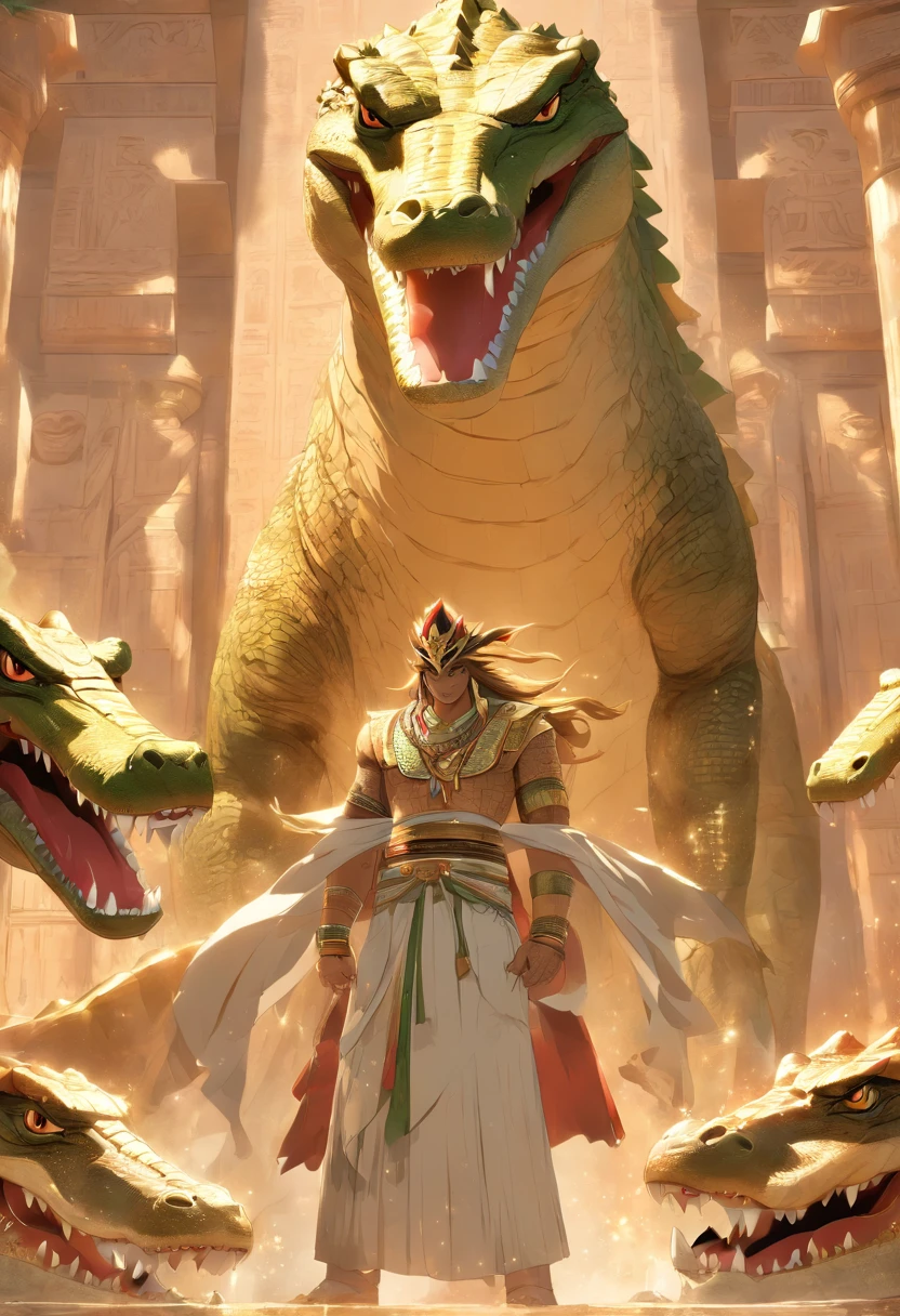 (((crocodile head))) ,lion body,best quality, very high resolution, 4K detailed CG, masterpiece, Egyptian mythology, Ammit, sun in the background, Ancient Egypt, lion god, white clothes, lion body , Egyptian clothing, Egyptian temple, desert, Ancient Egypt, ((lion's body)), Egyptian palace, aesthetics, beautiful image, centered on the screen,