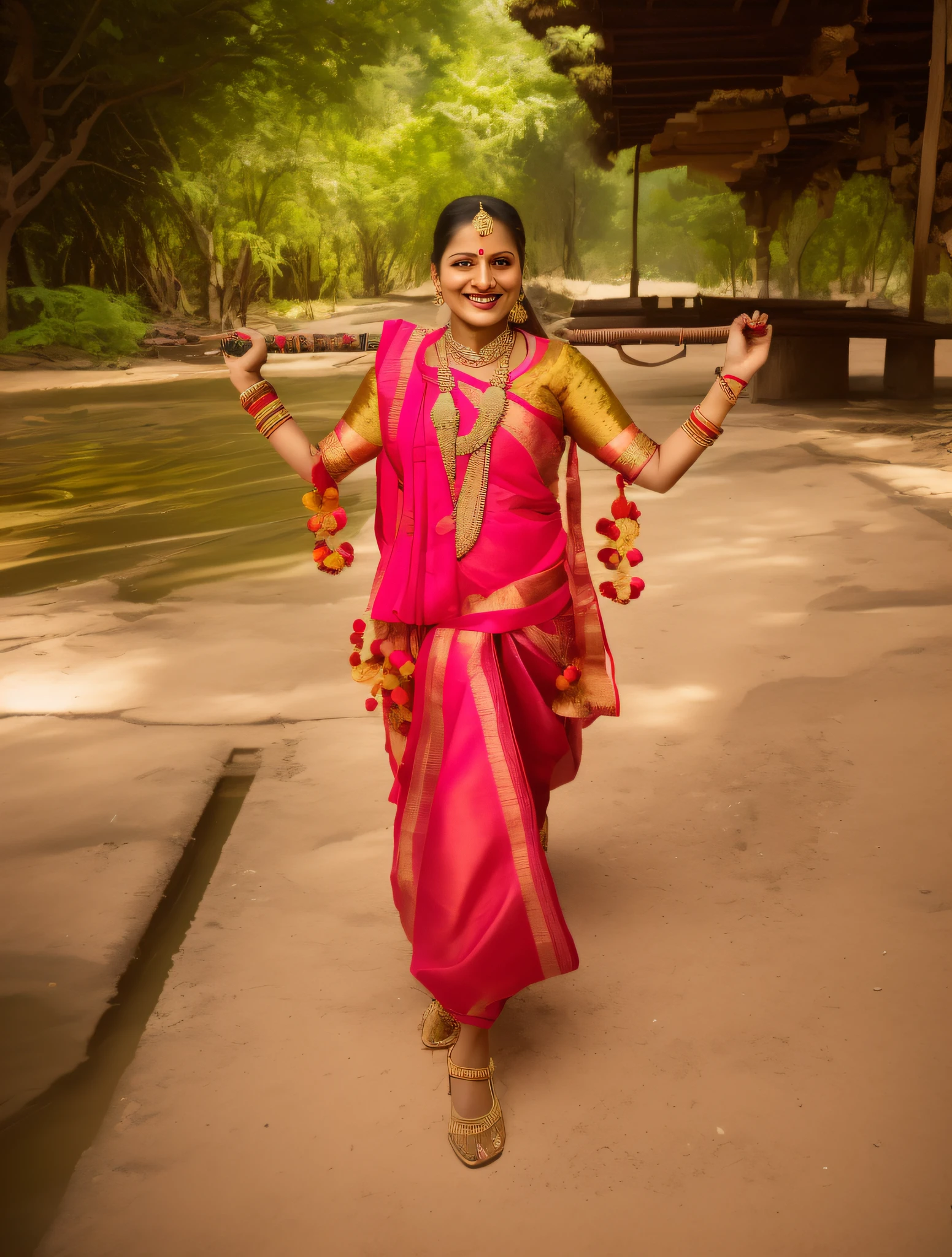 arafed woman in a colorful outfit holding a stick and smiling, wearing an elegant tribal outfit, wearing bihu dress mekhela sador, traditional costume, wearing traditional garb, traditional dress, dressed in a sari, indian style, traditional clothes, wearing authentic attire, idian dress, traditional beauty, traditional clothing, wearing a sari, costume