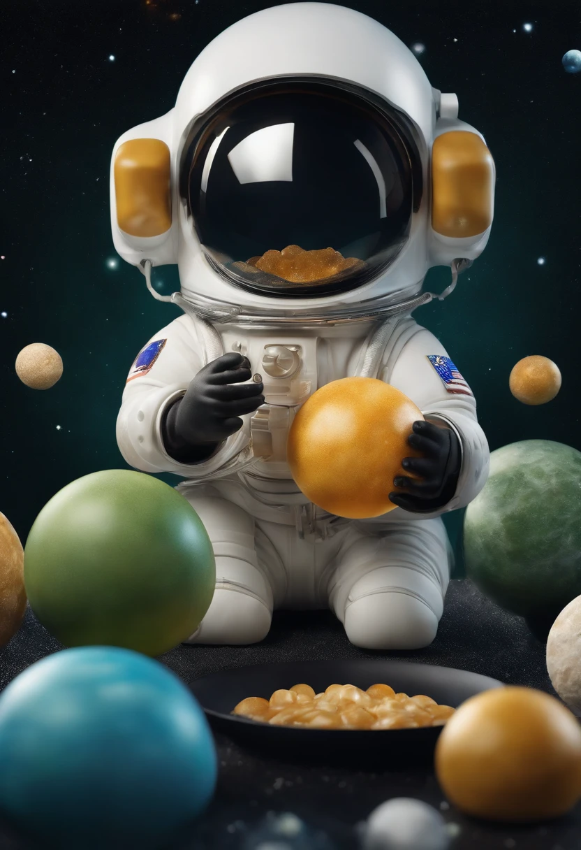 Design an photorealistic image of an astronaut penguin exploring the 'dodol galaxy' with planets made of dodol,(Dodol is a sweet, sticky, and delicious treat made from ingredients like coconut milk, rice flour, and palm sugar), dodol is wrap in plastic and it is in triangle shape, various color of dodol dark brown, golden yellow and green, blending elements of space exploration and humor,