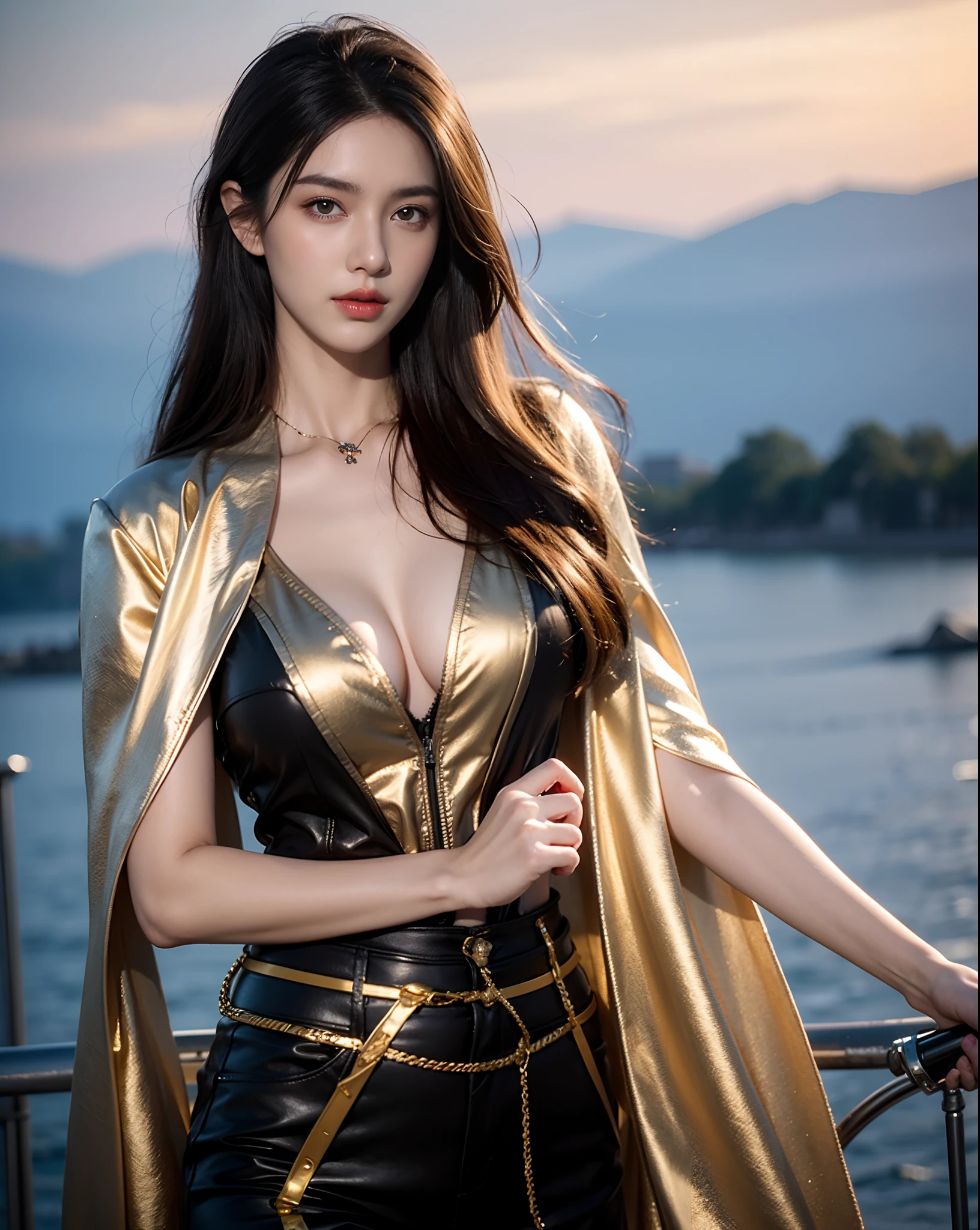 extremely beautiful young lady, subtle makeup, golden hour, photorealistic, high contrast, 8k HD, detailed, hyper-detailed, realistic skin texture, long dark hair, big breast, best quality, ultra high res, raw photo, dramatic lighting, unreal engine, diffuse glow intricate silver eaba, white imperial cape, spear, sword, no helm