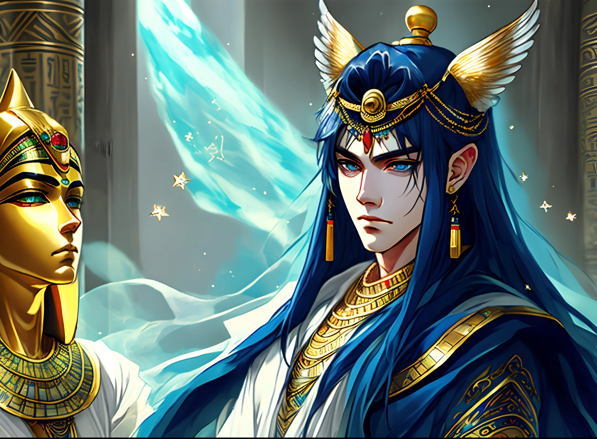 anime, male, Egyptian deity, long ankle-length silver hair, long bangs that covers his left eye, Brown skin, narrowed light blue fading into dark blue, light yellow eyeshadow, white star-shaped pupils, silver eyelashes, beauty mark next to his lips, flowy, Egyptian, ethereal, white yellow dark blue and light blue outfit, jewel Egyptian headpiece, looking over to the right with a judging look, in a dark blue Egyptian temple, highly detailed art, detailed anime art