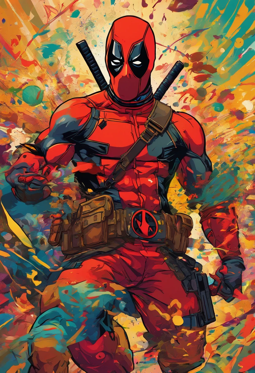 best quality,ultra-detailed,realistic,superhero art,Deadpool,comic book style,action-packed,explosive background,vivid colors,strong dynamic pose,mask,red and black costume,sharp focus,studio lighting,using katana and guns,a witty expression,sleek and muscular physique,comic book panels,humorous touch,stylized strokes,energetic composition,fierce and intense eyes