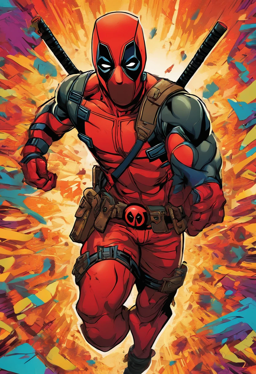 best quality,ultra-detailed,realistic,superhero art,Deadpool,comic book style,action-packed,explosive background,vivid colors,strong dynamic pose,mask,red and black costume,sharp focus,studio lighting,using katana and guns,a witty expression,sleek and muscular physique,comic book panels,humorous touch,stylized strokes,energetic composition,fierce and intense eyes
