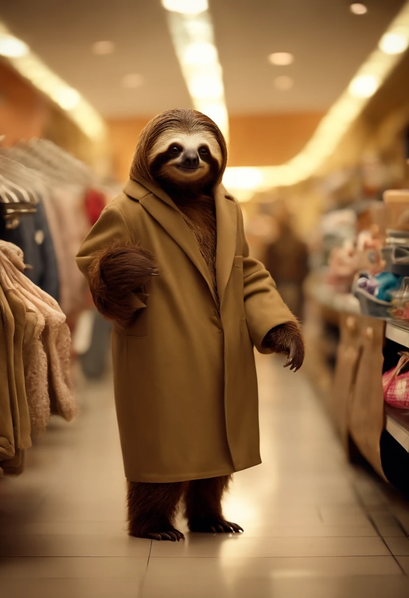 Create a comical mall scene with sloths dressed in human clothing, moving incredibly slowly while shopping for clothes and snacks