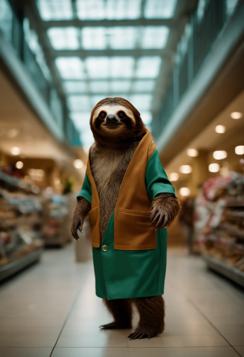 Create a comical mall scene with sloths dressed in human clothing, moving incredibly slowly while shopping for clothes and snacks