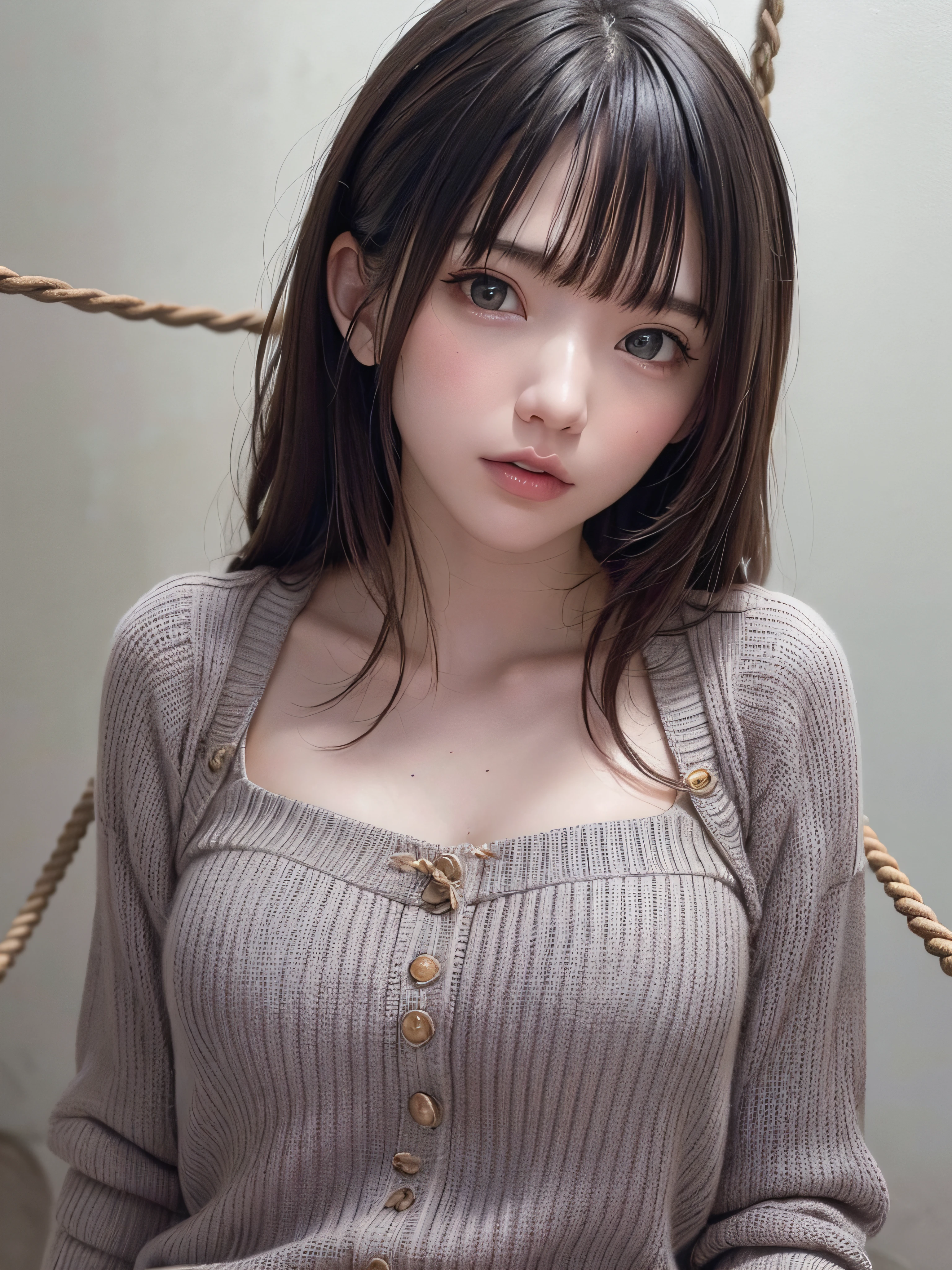 (8K, Photorealsitic, RAW photography, top-quality: 1.3),
(((1 girl captured by criminal))), ((wrists tied with ropes behind the back:1.3)),
rich detail, perfect image quality, beautiful face, perfect beautiful face, Fallen face,shy,
Dark brawn messy hair, long hair, Dark blue eyes,
casual clothes, off shoulder, knitted sweater
looking at viewer, cowboy shots,
((( spread legs))), After Cum Inside,