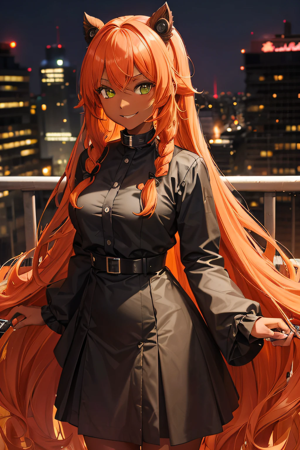 1 girl, very long hair, very curly hair, orange hair, pigtails, dark skin, green eyes, wearing all black, fully clothed, holding a knife, smiling, hell, city, absurdres, high res, ultrasharp, 8K, masterpiece