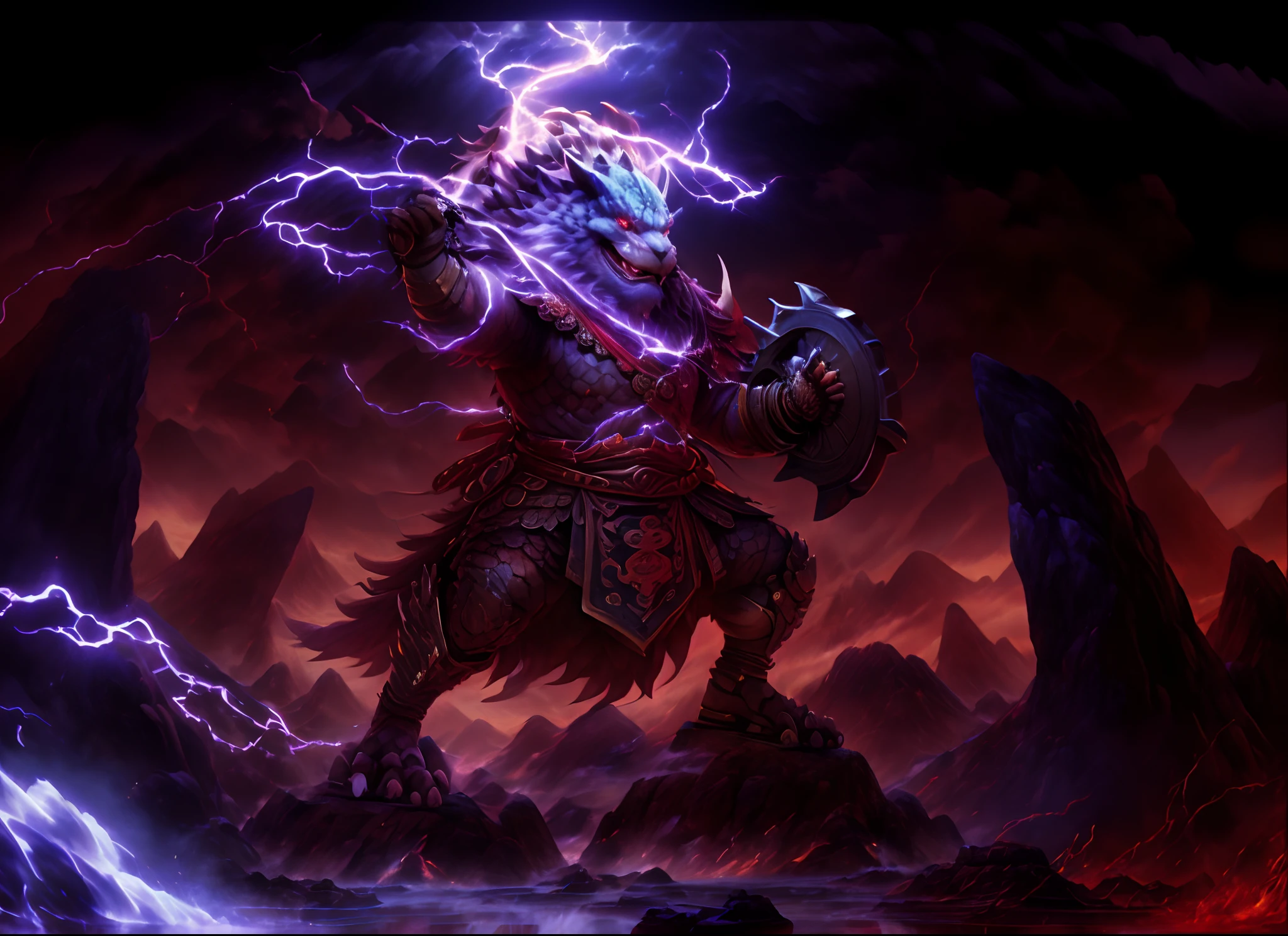 (anthropomorphic turtle:1.4),Characters in Chinese mythology,Mountain and Sea Sutra,dahuangdongjing,(Punishment days),A headless figure from ancient China,standing on your feet,He has two eyes on his body,The mouth grows at the location of the navel,A long-handled tomahawk in one hand,In the other hand he holds a bronze shield,Surrounded by lightning,Stand at volcanic lava,The peaks are steep,Strange rocks,salama,magma,Dreamland Wonderland、fanciful,ogre、fang、Riding,(Best quality,tmasterpiece, iintricate,Hyper-detailing,1.4x realism,RAW photo,8K,hyper HD,超高分辨率,Photorealistic style,Cinematic scenes, Sharp focus,Dramatic lighting,extremely detailed CG unity wallpaper,Chinese colors,The color is bright,brightly)