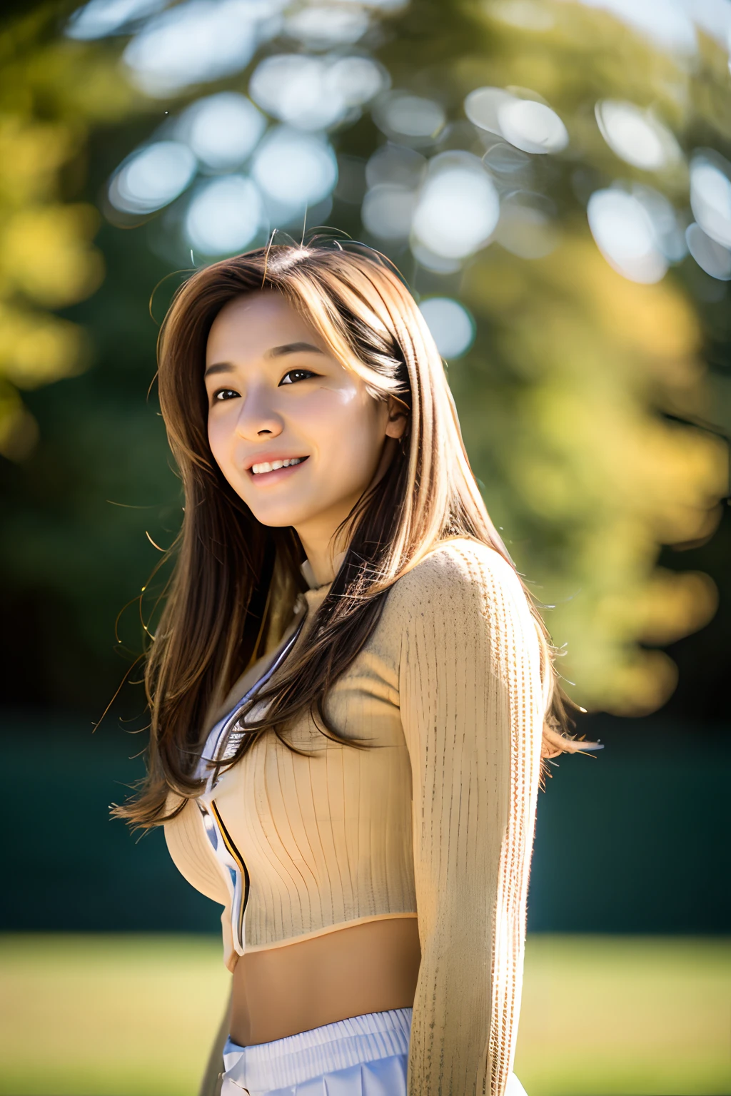 light brown hair, Floating hair, Shiny hair, Medium Hair, lightsmile, depth of fields, One-person viewpoint, F/1.8, canon, nffsw, retinas, ccurate, masutepiece, Anatomically correct, Textured skin, Super Detail, high details, High quality, awardwinning, Best Quality, hight resolution, 1080p, hard disk, 4K, 8K, 16 K, Cracked abs, Female athletes, toru & Field Uniforms, toru & Field Venues, Big Tits:1.3