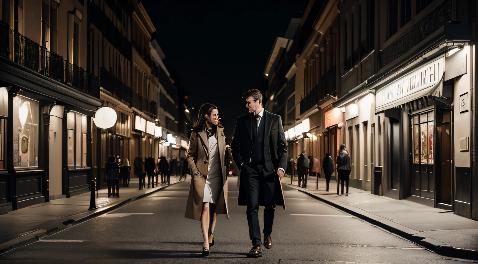 wide shot, masterpiece, at night on a street in the city center of São Paulo, on the sidewalk in front of a famous bar, an elegant couple of friends, good friends, (without holding hands), are walking along the sidewalk, she is wearing a short black dress , she with light brown hair, he with gray pants, white shirt, no jacket, no tie, he with a light brown overcoat, talking, perfect face, perfect body, cinematic look, film noir, black and white, 4k, raw, realistic , very detailed street, (no tie)