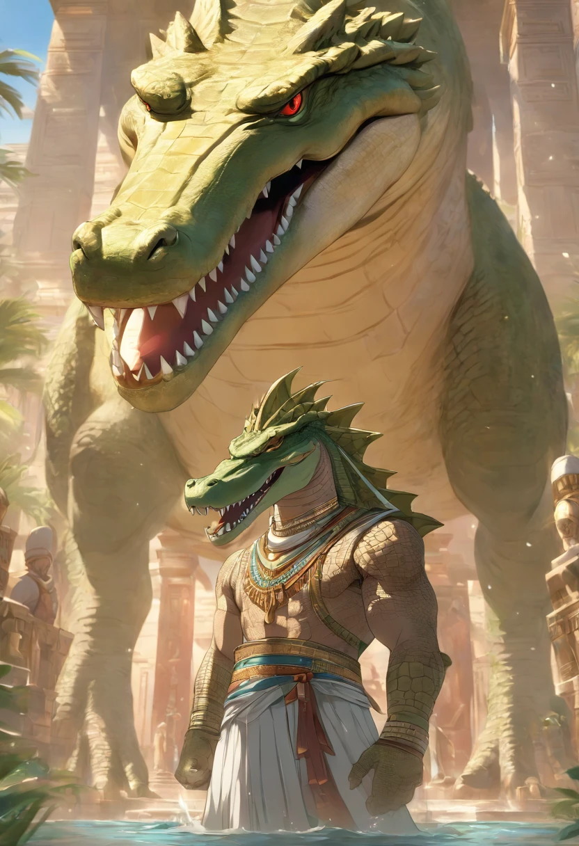 (((Man body and crocodile head))), best quality, very high resolution, 4K detailed CG, masterpiece, Egyptian mythology, SOBEK, sun in the background, Ancient Egypt, standing pose, crocodile god, clothes white, Egyptian clothes, Egyptian Temple, desert, Ancient Egypt, ((crocodile head, man's body)), aesthetics, beautiful image, centered on screen, standing pose