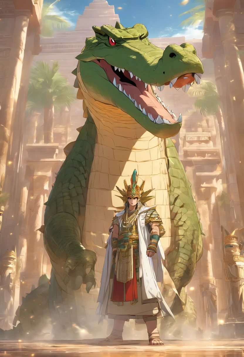 (((Man body and crocodile head))), best quality, very high resolution, 4K detailed CG, masterpiece, Egyptian mythology, SOBEK, sun in the background, Ancient Egypt, standing pose, crocodile god, clothes white, Egyptian clothes, Egyptian Temple, desert, Ancient Egypt, ((crocodile head, man's body)), aesthetics, beautiful image, centered on screen, standing pose