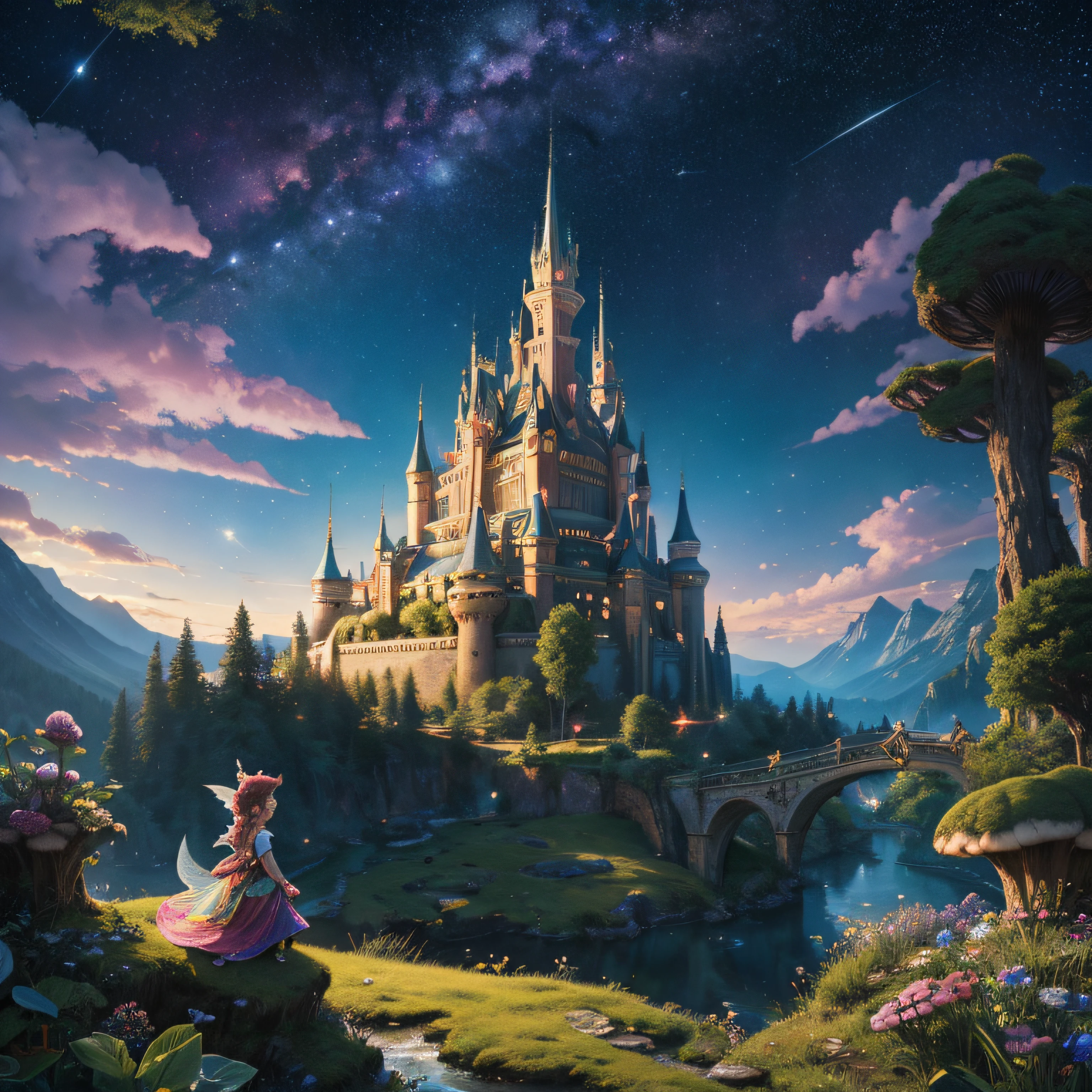 The cover features a colorful, enchanting landscape with a vibrant, starry sky. In the foreground, there's a smiling, mischievous fairy, a young boy, and a friendly dragon, all embarking on an adventure. The scenery includes towering mushrooms, sparkling streams, and a castle in the distance.
