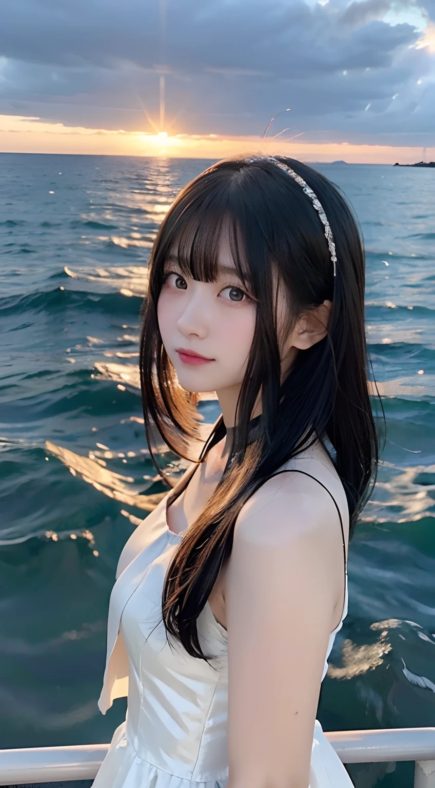 (top-quality,8K,masterpiece:1.3),(超A high resolution,Photorealsitic:1.4,RAW shooting),(ultra-detailliert,Caustics,perfect anatomia),(hyper detailed background,Ultra-realistic capture,beautifully detailed eyes),Stand on the pier above the sea,turned around,Backshots,Looking at the camera,1人,japanes,20yr old,kawaii,sad look,pretty black hair,Long hair fluttering in the wind,White Dress,BREAK,beautiful ocean,,at the sunset,Sunset sky,Sunset over the horizon,Water surface reflecting the setting sun,Magic Hour,back lighting,The dim,pale light