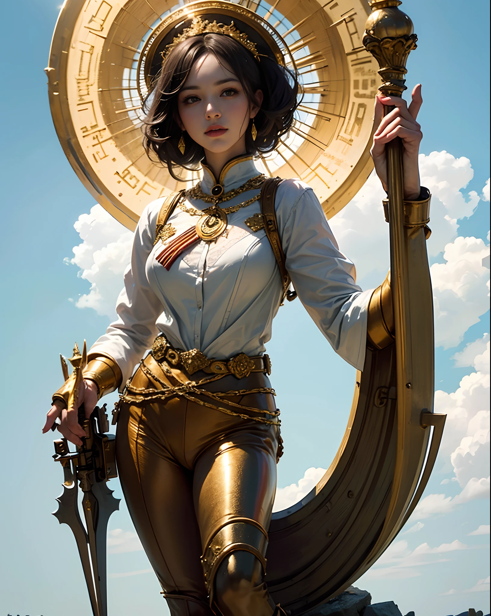 Goddess Athena in golden sacred armor, Hold a shield in your left hand，Hold a scepter in your right hand, Stand inside the Goddess's Palace.,(Best quality,4K,8K,A high resolution,Masterpiece:1.2),Ultra-detailed,(Realistic,Photorealistic,photo-realistic:1.37),hdr,hyper HD,Studio lighting,Sharp focus,Physically-based rendering,Extreme detail description,professional,Vivid colors,Bokeh,sportrait,Light blue and gold color palette,Charming and ethereal lighting