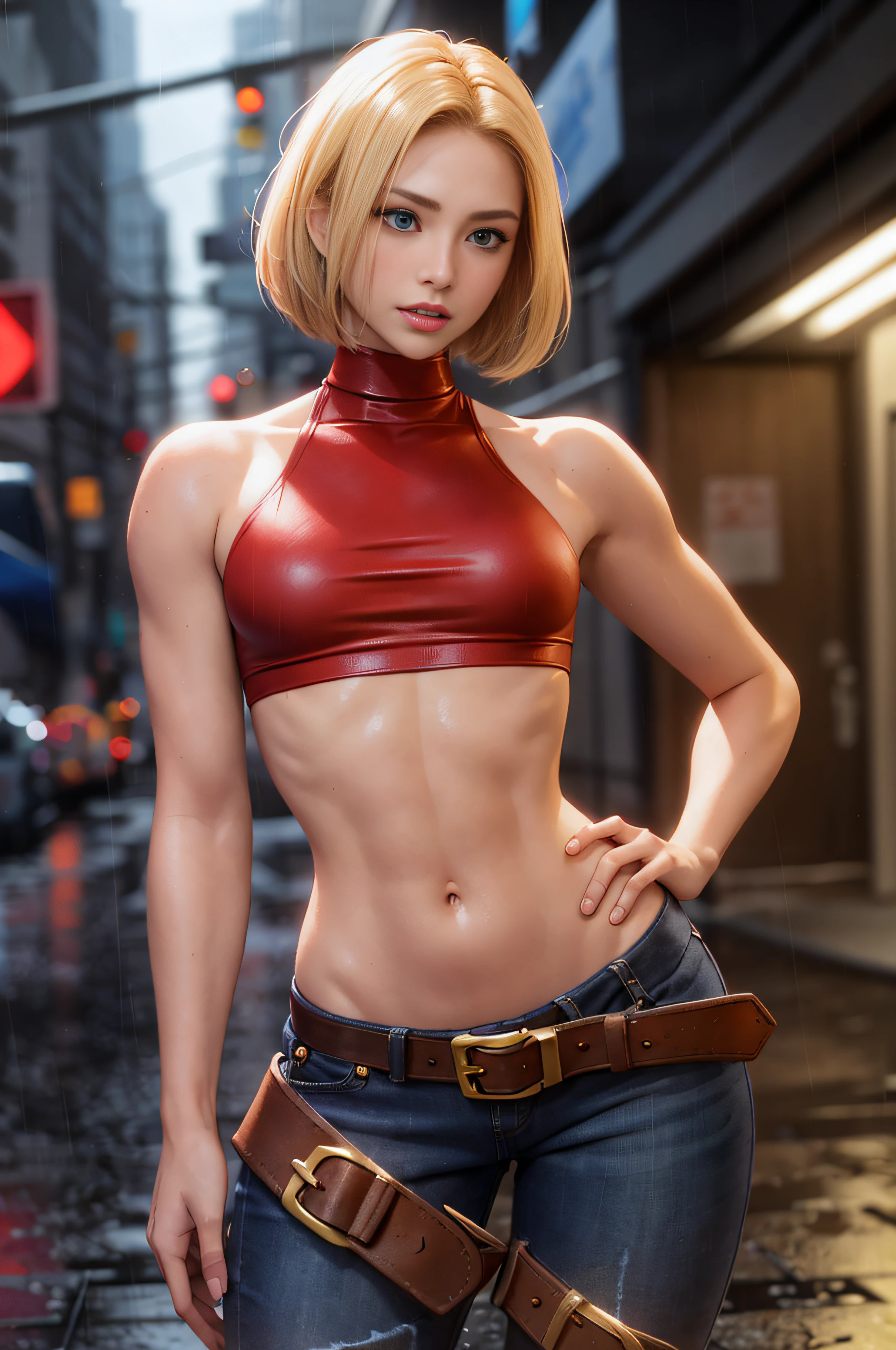 maryms, Best Quality,(beauty), 1girl,phisically-based render ,ultra highres,(cowboy shot:1.5),narrow waist, skinny, LeonaMS ,muscular, big blue eyes,long legs,jeans,leather belt,small breasts,puffy eyes, leather belt,(rainy city), shiny skin, facing viewer, Victory posture,