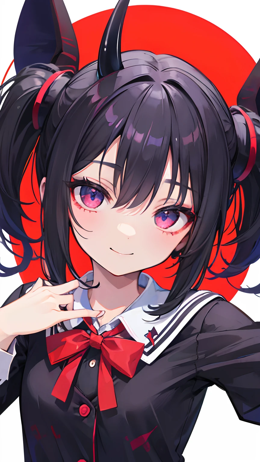 Demon skin, loli, schoolgirl outfit, , black hair, smile, cute, demon horns , demon tail (masterpiece), best quality, expressive eyes, perfect face