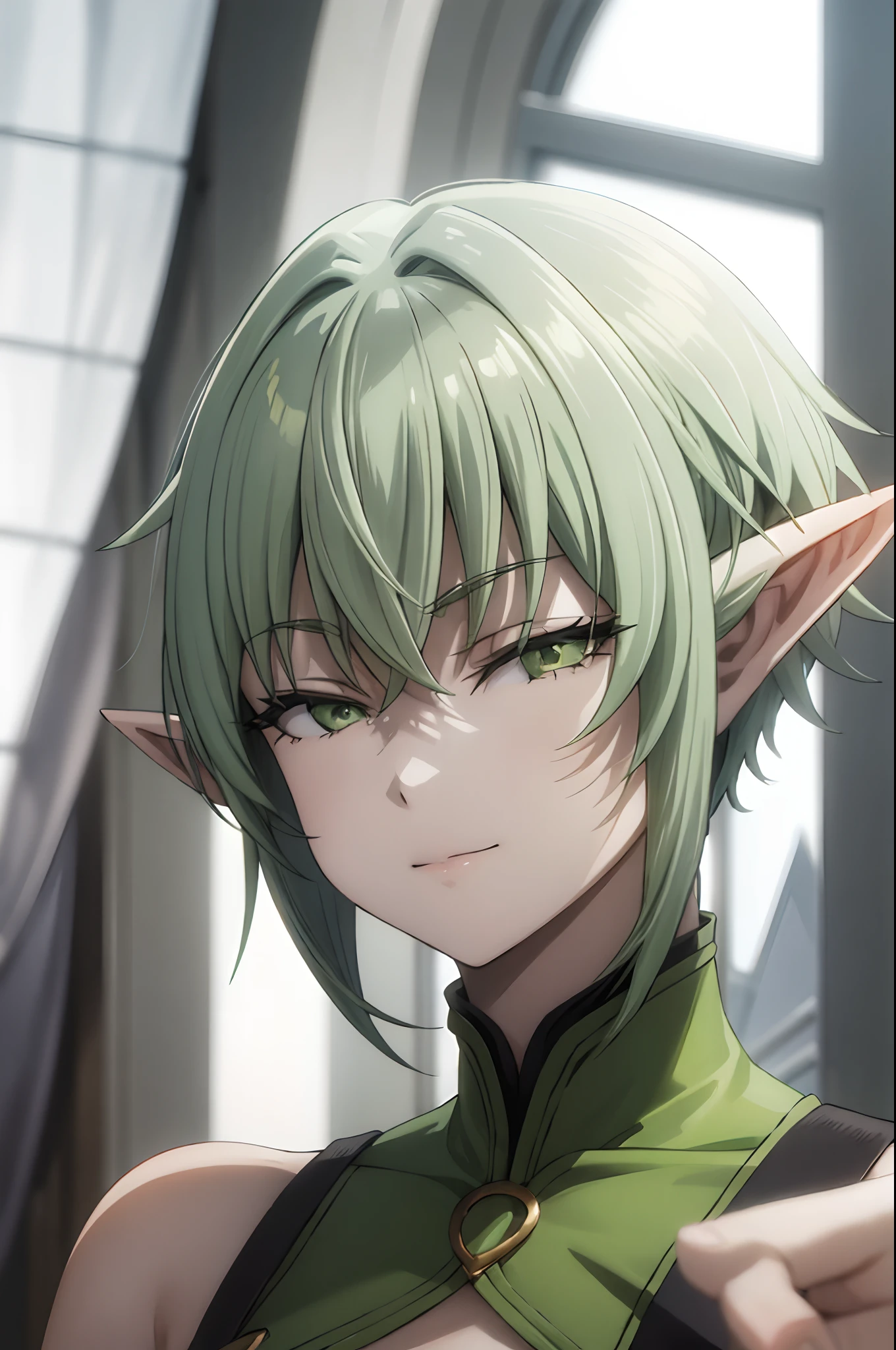 pointy ears, green hair, green eyes, short hair, short hair with long locks,smug half-closed eyes