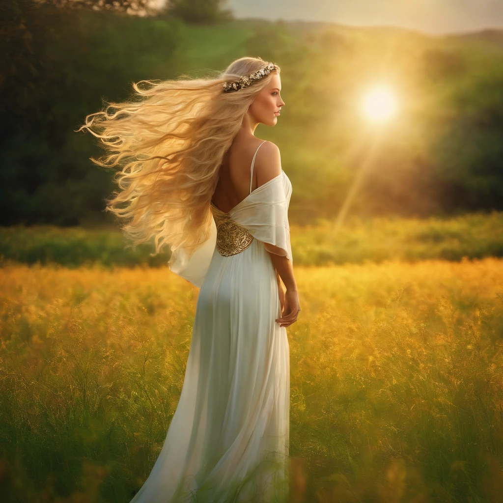 Greek Goddess Demeter, long blonde hair, Sun behind her head, standing in a green field