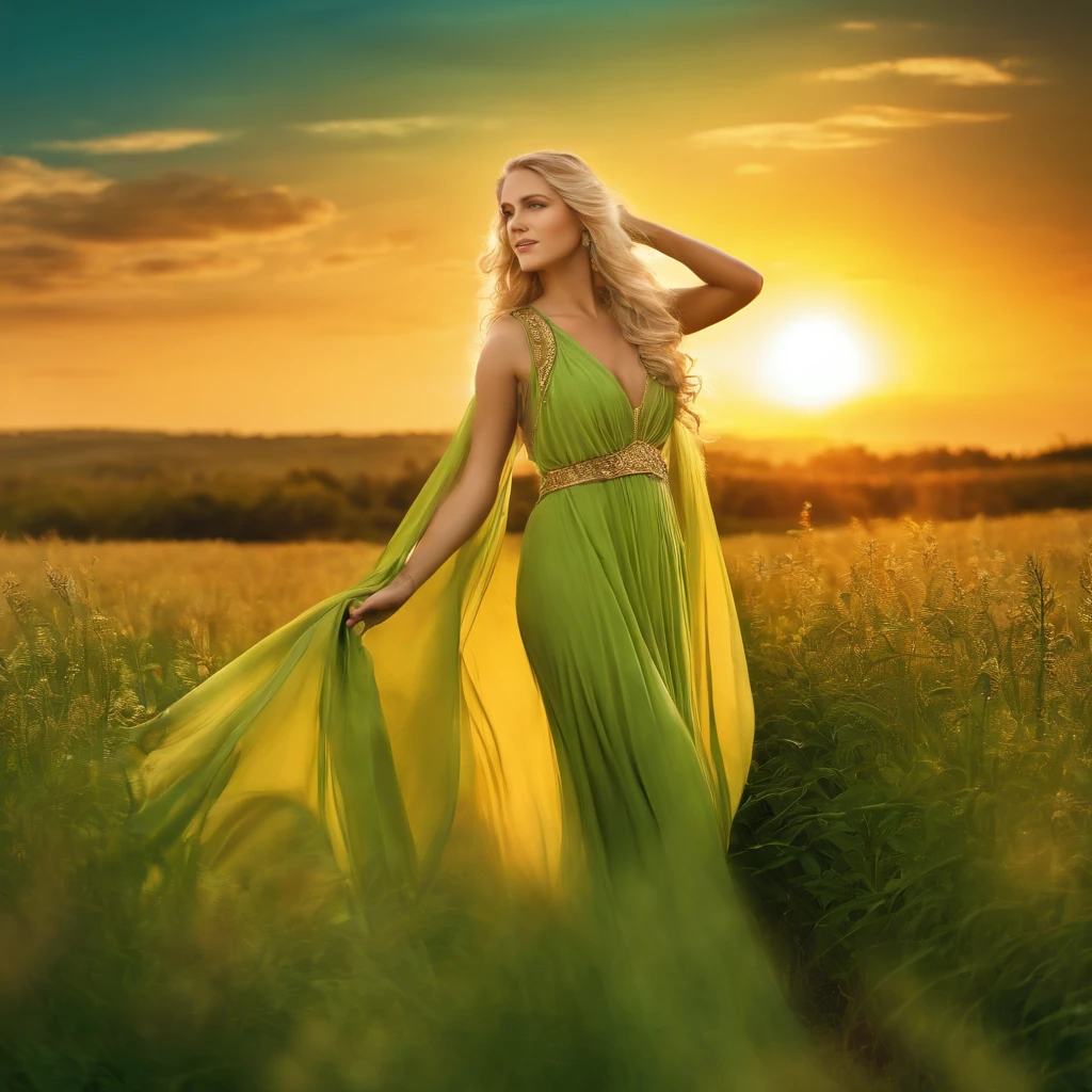 Greek Goddess Demeter, long blonde hair, Sun behind her head, standing in a green field