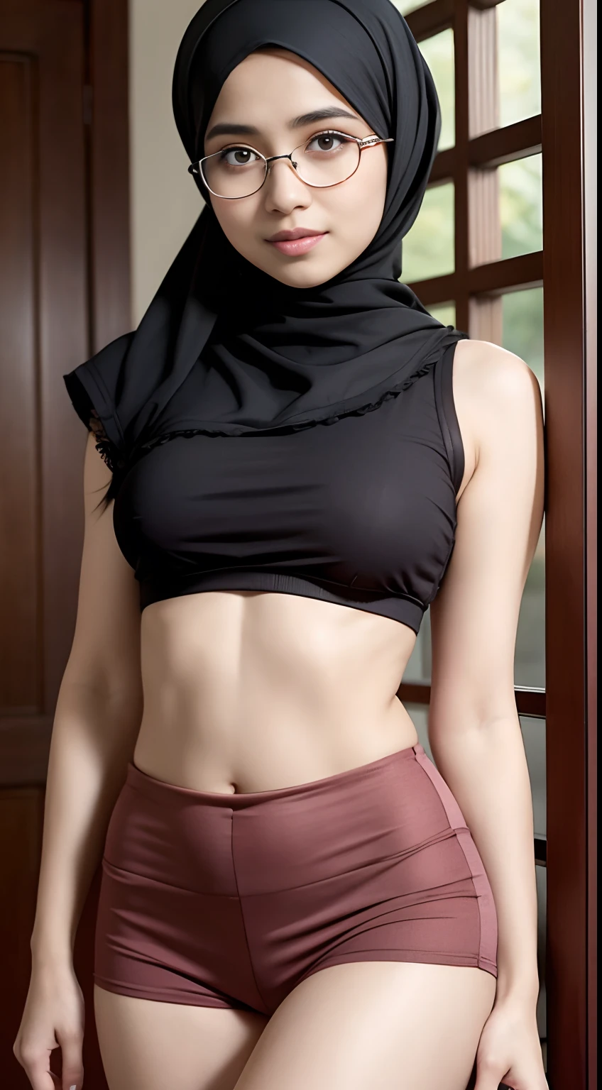 (iu:0.8).cleavage, RAW, Best quality, high resolution, Masterpiece: 1.3, two Beautiful glasses hijabi java girls wearing croptop and boyshort, Masterpiece, Soft smile