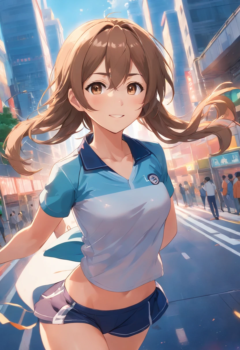 light brown hair, Floating hair, Shiny hair, Medium Hair, lightsmile, depth of fields, One-person viewpoint, F/1.8, canon, nffsw, retinas, ccurate, masutepiece, Anatomically correct, Textured skin, Super Detail, high details, High quality, awardwinning, Best Quality, hight resolution, 1080p, hard disk, 4K, 8K, 16 K, Cracked abs, Female athletes, toru & Field Uniforms, toru & Field Venues, Big Tits:1.3