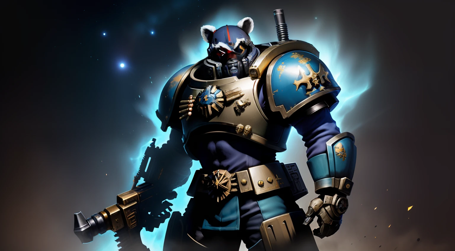 Warhammer 40k space marine with a color scheme that is themed after a raccoon