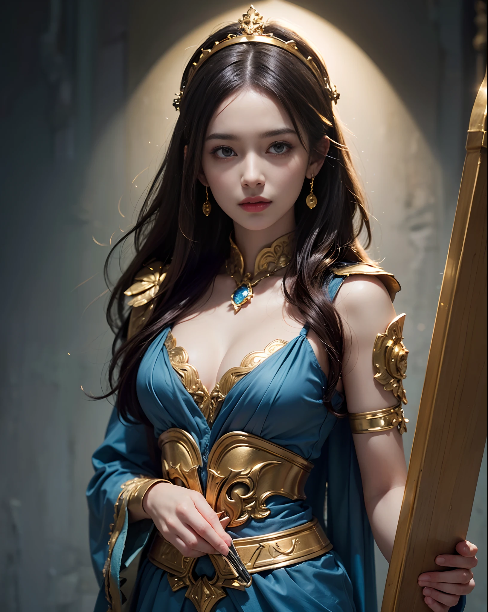 Goddess Athena in golden sacred armor, Hold a shield in your left hand,Hold a scepter in your right hand, Stand inside the Goddess's Palace.,(Best quality,4K,8K,A high resolution,Masterpiece:1.2),Ultra-detailed,(Realistic,Photorealistic,photo-realistic:1.37),hdr,hyper HD,Studio lighting,Sharp focus,Physically-based rendering,Extreme detail description,professional,Vivid colors,Bokeh,sportrait,Light blue and gold color palette,Charming and ethereal lighting