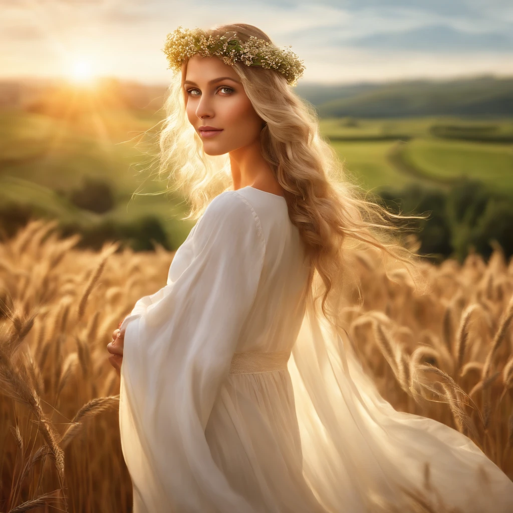 best quality,ultra-detailed,realistic,portrait,photo-realistic:1.37,green field,detailed eyes and face,long blonde hair,Sun behind her head,Greek Goddess Demeter,standing,feminine,serene expression,white dress,vibrant colors,lush landscape,soft sunlight,blowing winds,harmony,tranquility,peaceful setting,classical beauty,divine presence,aureole,subtle smile,fertility deity,symbol of harvest and nourishment,goddess of agriculture,beautiful flower crown,bountiful crops,abundant harvest,graceful posture,gentle breeze,majestic aura,sprouting plants,shimmering aura,life-giving energy,nature's blessings,celestial energy,radiant glow,immortal goddess,solemn atmosphere,solitary figure,serenity amidst nature,blissful surroundings,harmonious bond with the earth,sheaves of wheat,daisy chain,eternal youth and beauty,serene eyes,fields of golden wheat,lush green meadows,detailed hair,effortless elegance,vibrant sunlight,cornucopia of nature.