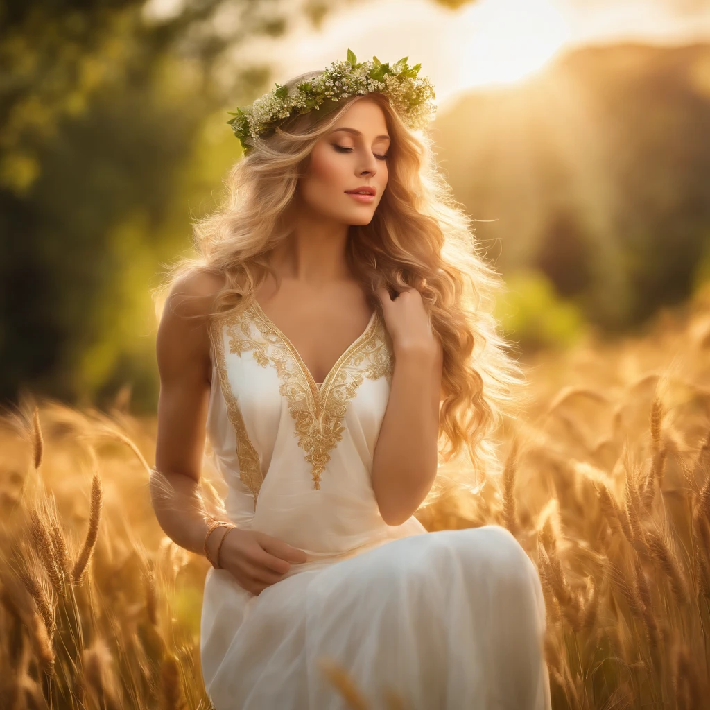 best quality,ultra-detailed,realistic,portrait,photo-realistic:1.37,green field,detailed eyes and face,long blonde hair,Sun behind her head,Greek Goddess Demeter,standing,feminine,serene expression,white dress,vibrant colors,lush landscape,soft sunlight,blowing winds,harmony,tranquility,peaceful setting,classical beauty,divine presence,aureole,subtle smile,fertility deity,symbol of harvest and nourishment,goddess of agriculture,beautiful flower crown,bountiful crops,abundant harvest,graceful posture,gentle breeze,majestic aura,sprouting plants,shimmering aura,life-giving energy,nature's blessings,celestial energy,radiant glow,immortal goddess,solemn atmosphere,solitary figure,serenity amidst nature,blissful surroundings,harmonious bond with the earth,sheaves of wheat,daisy chain,eternal youth and beauty,serene eyes,fields of golden wheat,lush green meadows,detailed hair,effortless elegance,vibrant sunlight,cornucopia of nature.