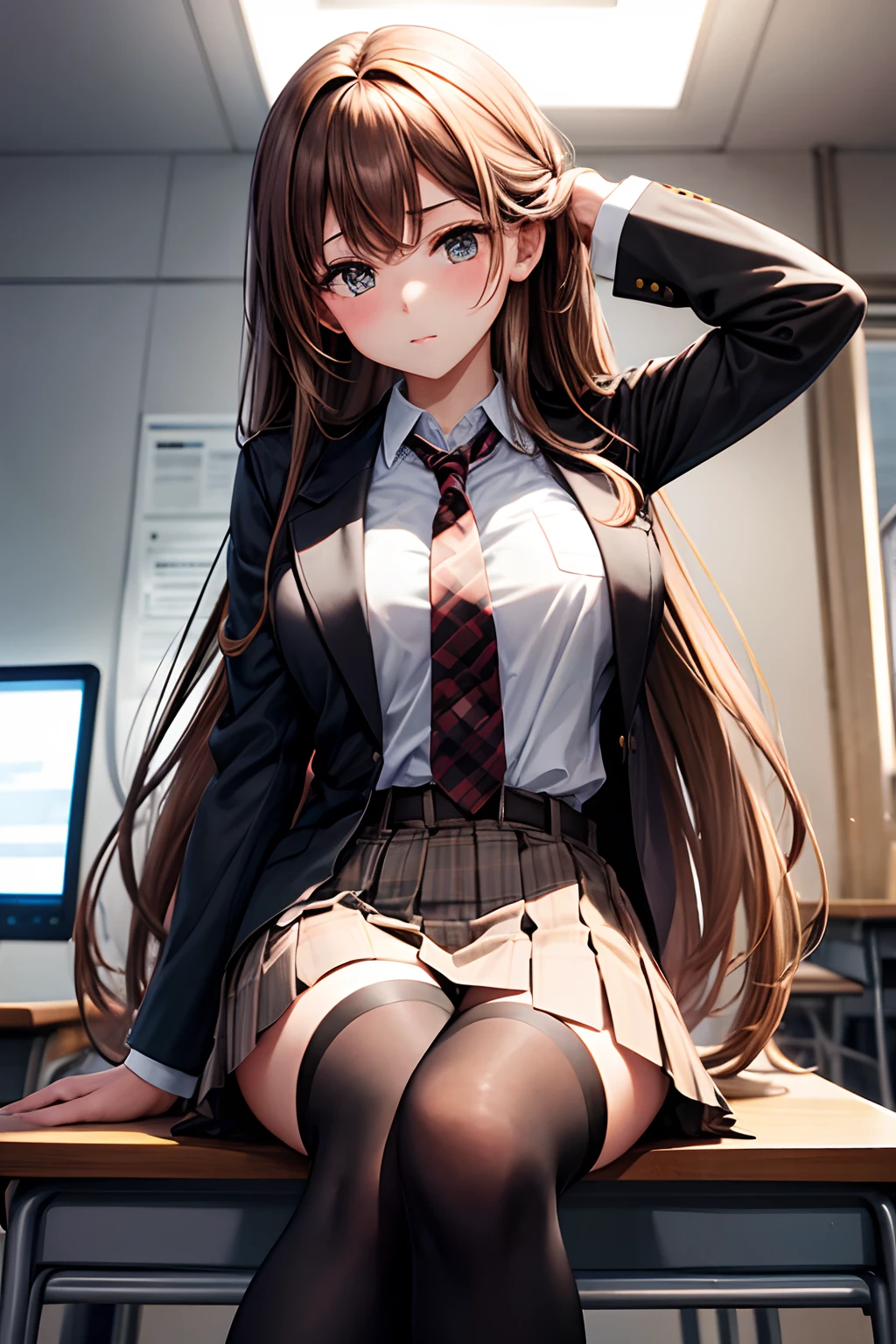 High-school girl, brown long hair, white blouse under light-brown jacket, black blazer, brown-checkered pleated skirt, thigh-high black socks, sitting on a student's desk.