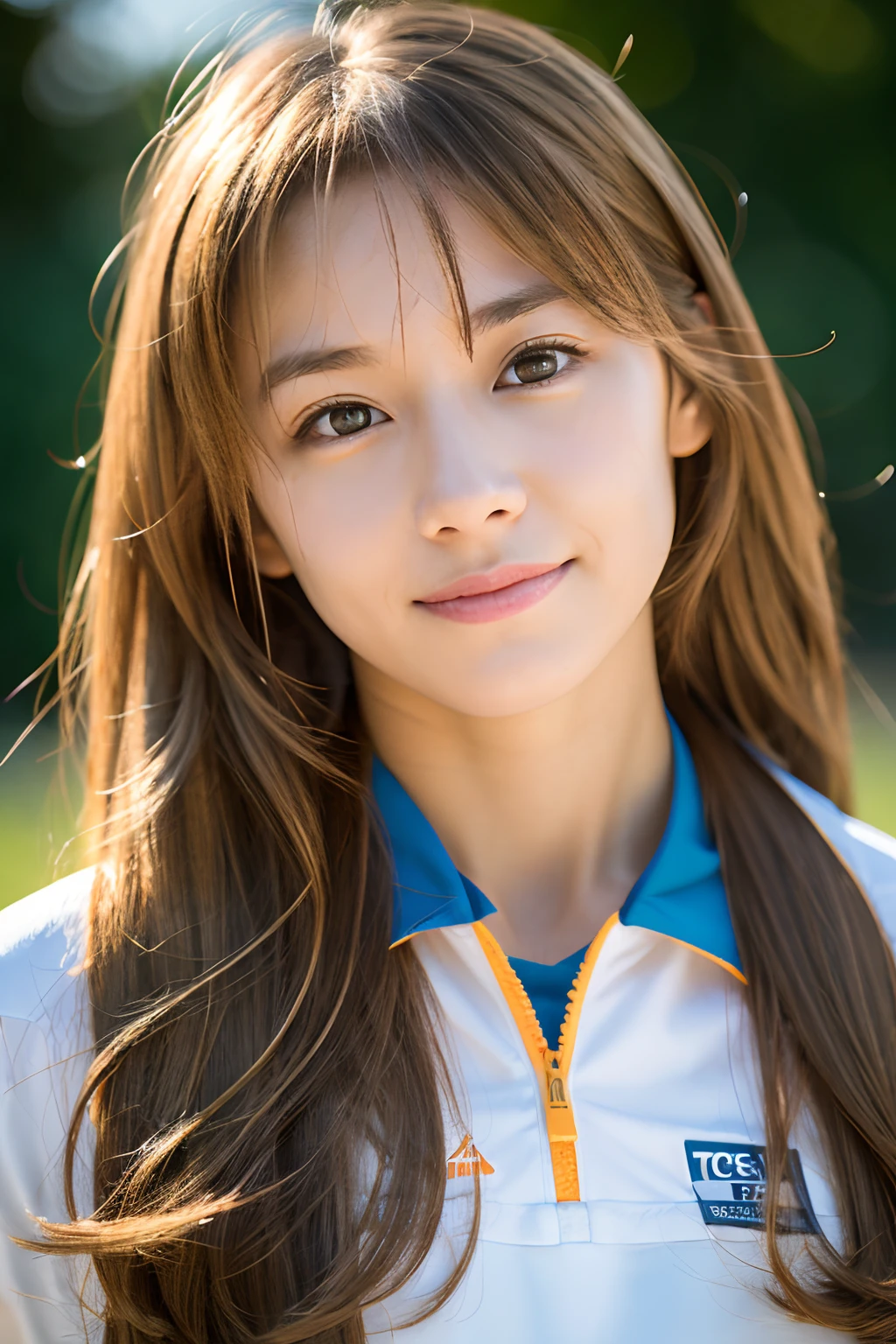 light brown hair, Floating hair, Shiny hair, Medium Hair, lightsmile, depth of fields, One-person viewpoint, F/1.8, canon, nffsw, retinas, ccurate, masutepiece, Anatomically correct, Textured skin, Super Detail, high details, High quality, awardwinning, Best Quality, hight resolution, 1080p, hard disk, 4K, 8K, 16 K, Cracked abs, Female athletes, (toru & Field Uniforms), (toru & Field Venues), Big Tits:1.3