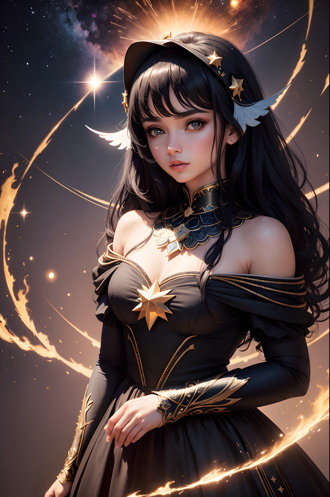 Deusa criadora de estrelas, obra de arte, Divona Representation, vestido longo, olhos de fogo, cabelo feito de luz, black hair, Surrealism, 8k, super detail,