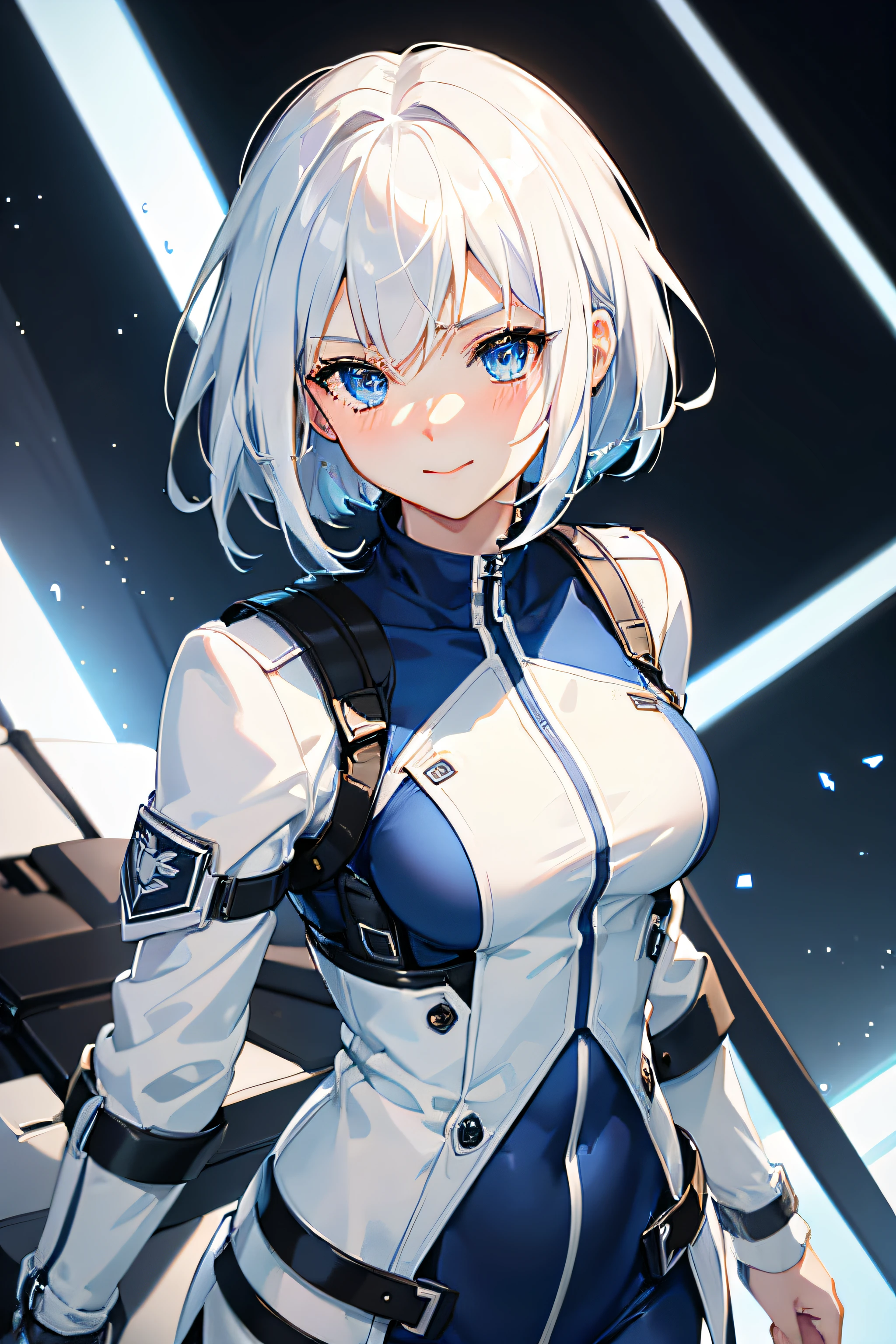 anime style girl, young, blue bright eyes, blue eyes, mature looking, short white hair, free hair, seductive, seductive smile, blush, confident, looking at viewer, seductive look, high res, detailed, 9k, raw, military uniform, dressed, white uniform, techwear