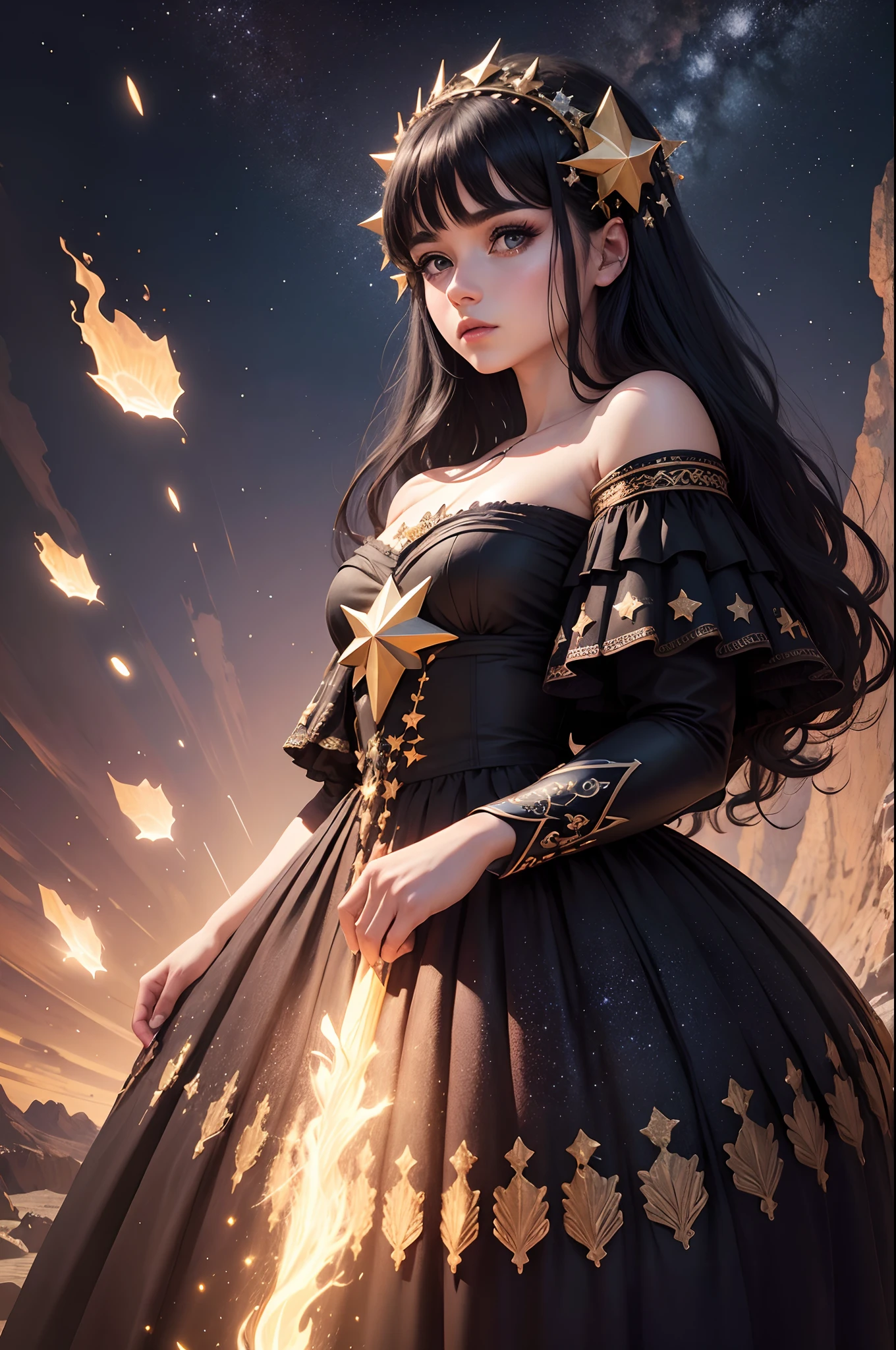 Deusa criadora de estrelas, obra de arte, Divona Representation, vestido longo, olhos de fogo, cabelo feito de luz, black hair, Surrealism, 8k, super detail,