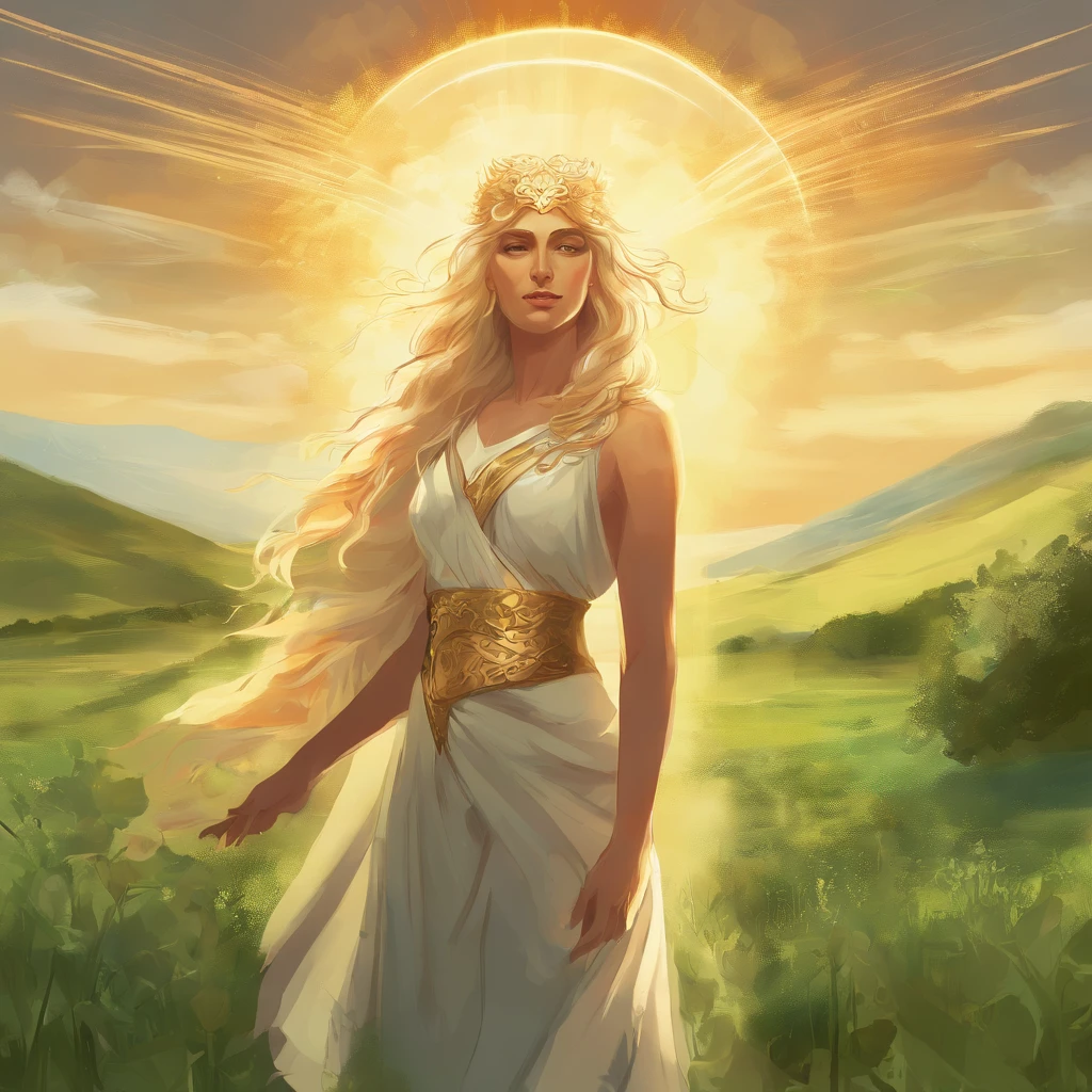 Greek Goddess Demeter, long blonde hair, Sun behind her head, standing in a green field