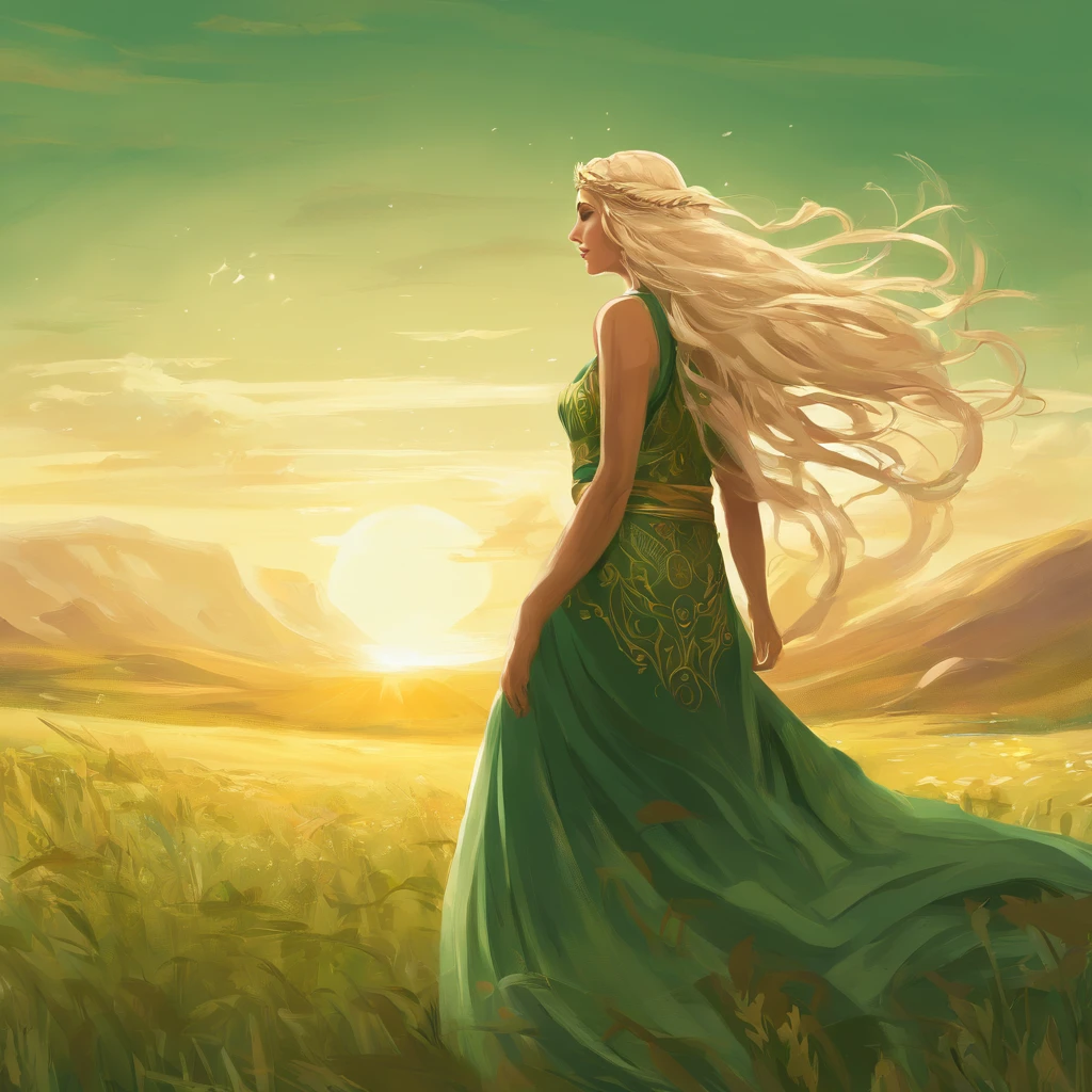 Greek Goddess Demeter, long blonde hair, Sun behind her head, standing in a green field