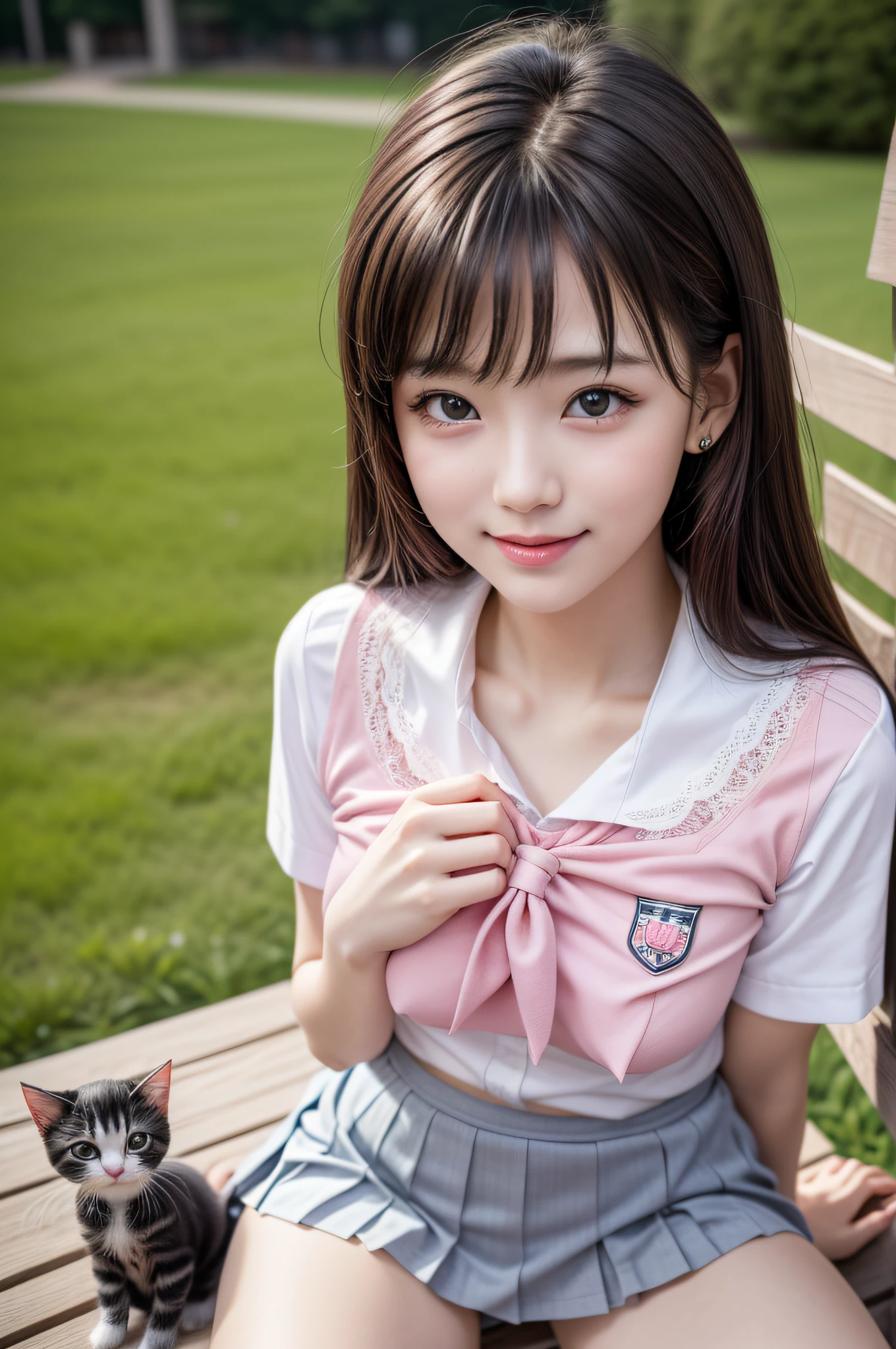 1girl, extremely cute face, (highly detailed eyes, highly detailed face), (hyper-realistic, hight resolution), (best Quality:1.4), Raw photo, (Realistic, Photorealsitic:1.37), Professional Photography, Cinematic Light, (lace bra:1.25), (amazing breasts:0.8), (pink school uniform, pleated mini skirt:1.5), (school uniform with open breasts), Smile slightly, Sitting, spread your legs wide, Staring at me, outdoor, meadow, lawn, bench, (Holding a cute kitten to your chest:1.2), dazzling lighting,